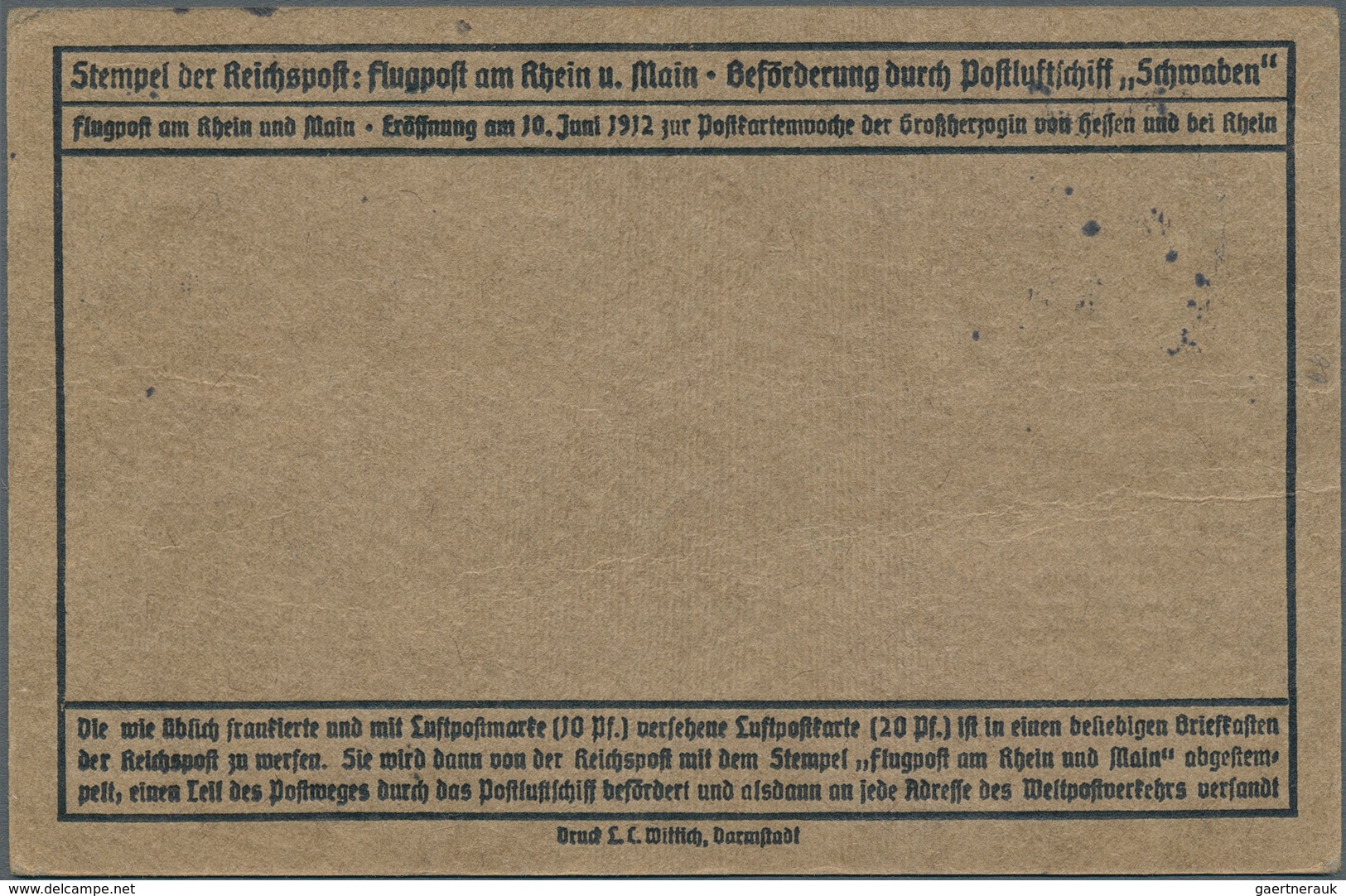 12939 Zeppelinpost Deutschland: 1912, 10 Pfg. Rhein/Main Auf Sonderkarte Mit 5 Pfg. Germania Und Flugstemp - Luft- Und Zeppelinpost