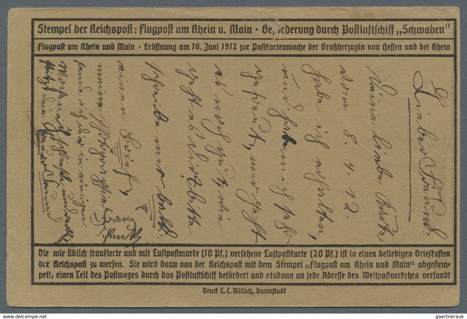 12940 Zeppelinpost Deutschland: 1912, 10 Pfg. Rhein/Main Auf Sonderkarte Mit 5 Pfg. Germania Und Flugstemp - Poste Aérienne & Zeppelin