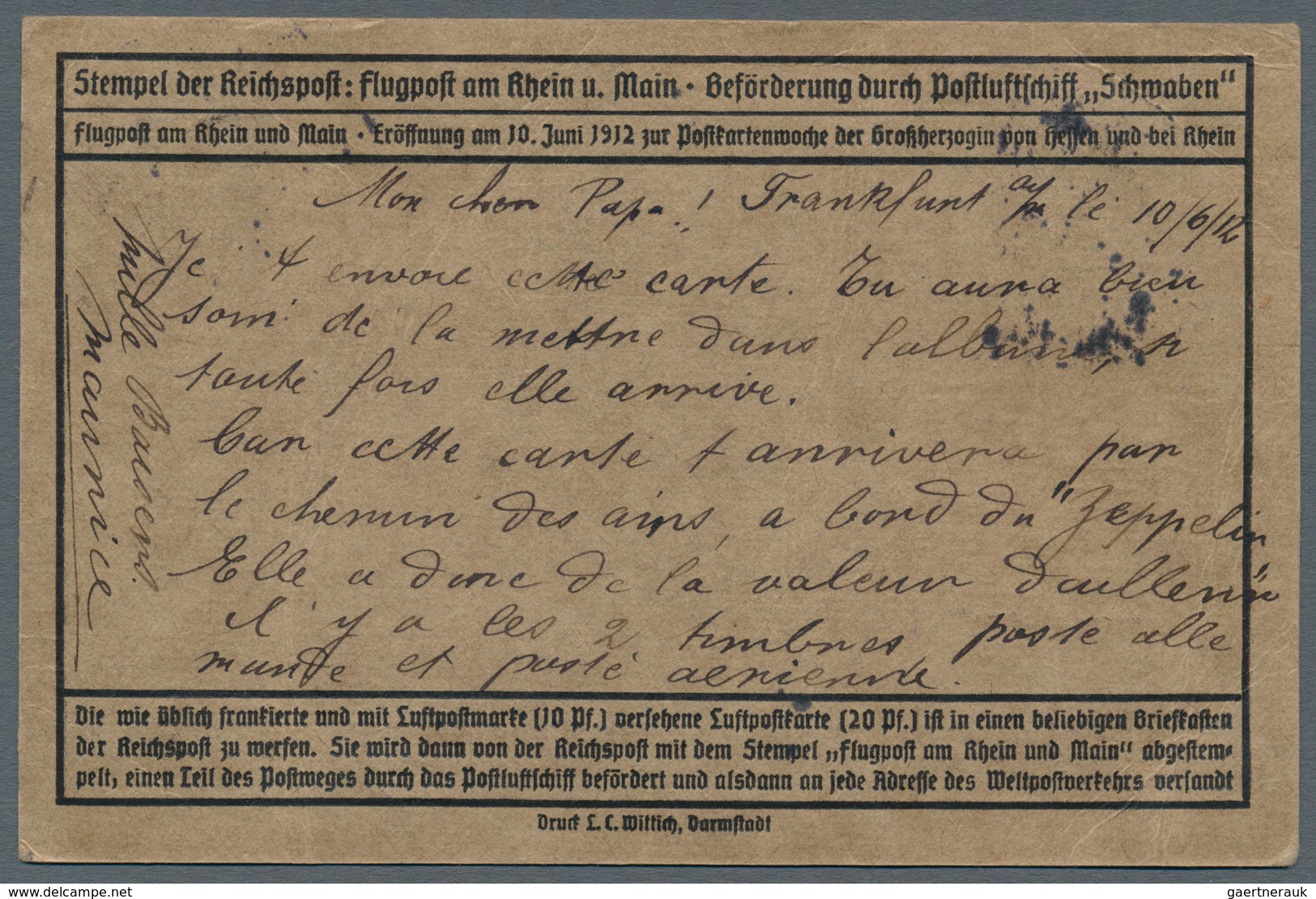 12942 Zeppelinpost Deutschland: 1912, 10 Pfg. Rhein/Main Auf Sonderkarte Mit 10 Pfg. Germania Und Flugstem - Poste Aérienne & Zeppelin