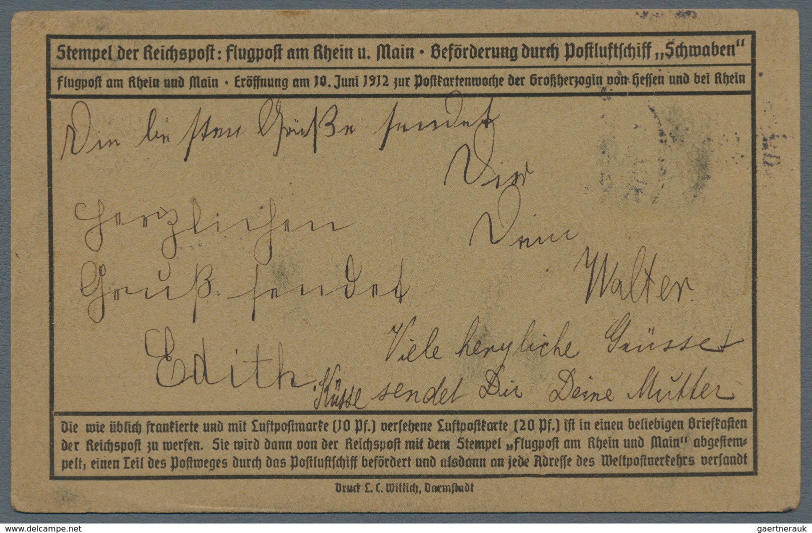 12943 Zeppelinpost Deutschland: 1912,10 Pfg. Rhein/Main Auf Sonderkarte Mit Zwei Einzelwerten 5 Pfg. Germa - Luft- Und Zeppelinpost