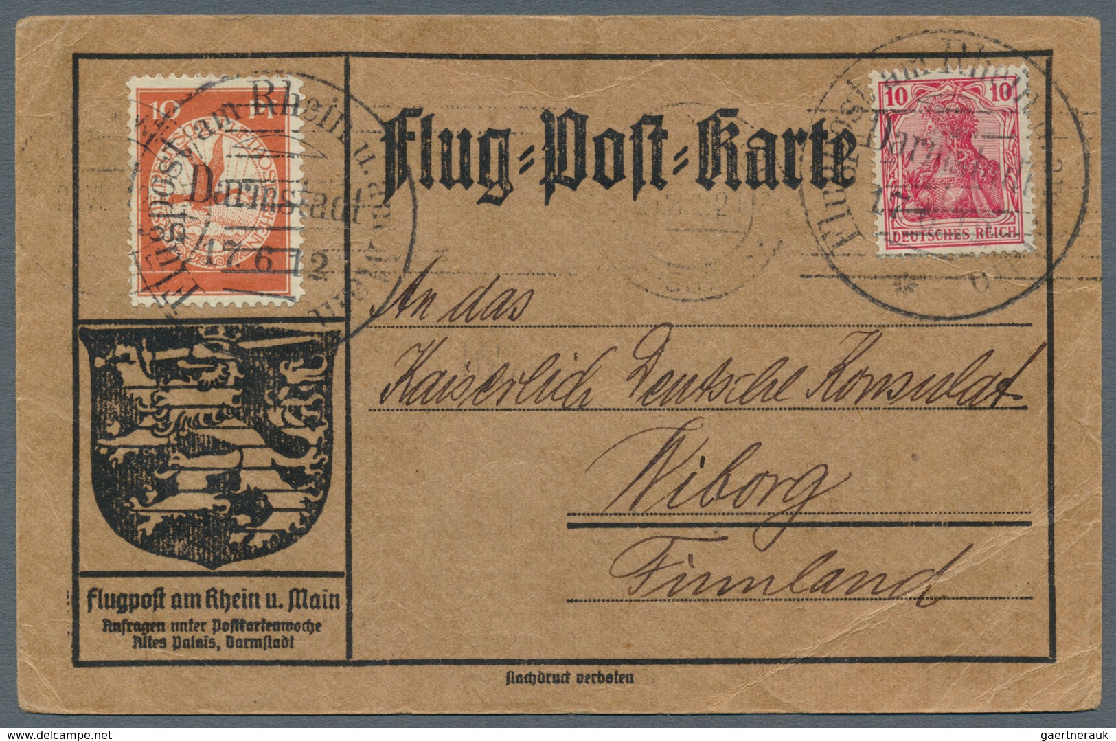 12944 Zeppelinpost Deutschland: 1912, 10 Pfg. Rhein/Main Auf Sonderkarte Mit 10 Pfg. Germania Und Flugstem - Luft- Und Zeppelinpost