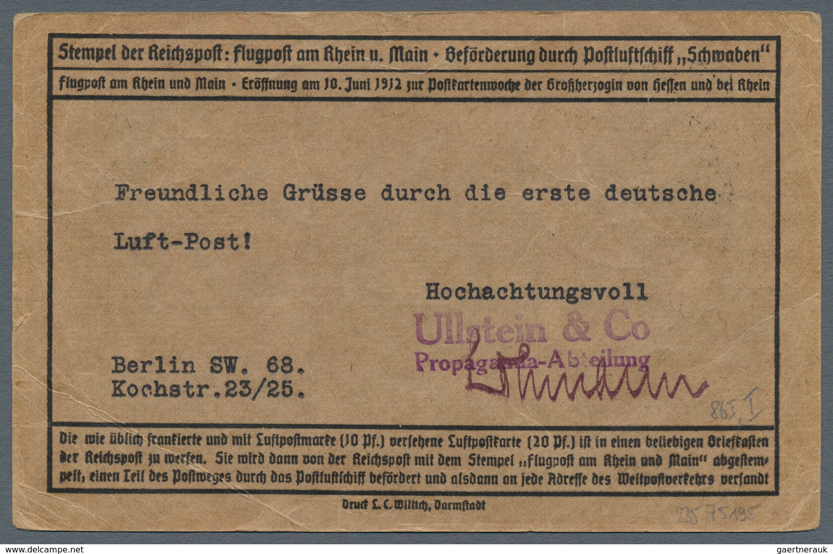 12944 Zeppelinpost Deutschland: 1912, 10 Pfg. Rhein/Main Auf Sonderkarte Mit 10 Pfg. Germania Und Flugstem - Poste Aérienne & Zeppelin