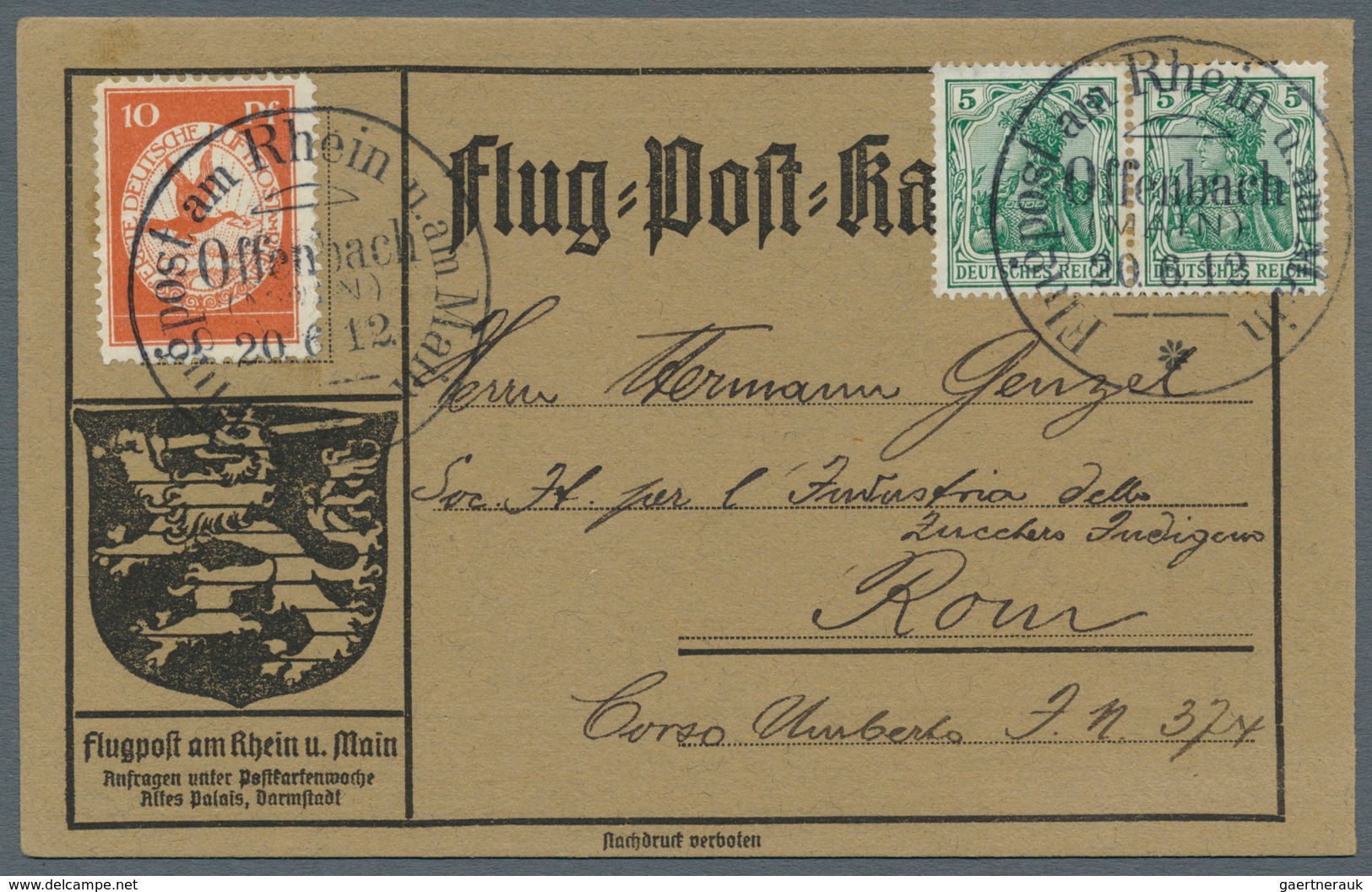 12945 Zeppelinpost Deutschland: 1912, 10 Pfg. Rhein/Main Auf Sonderkarte Mit Waagerechtem Paar 5 Pfg. Germ - Poste Aérienne & Zeppelin