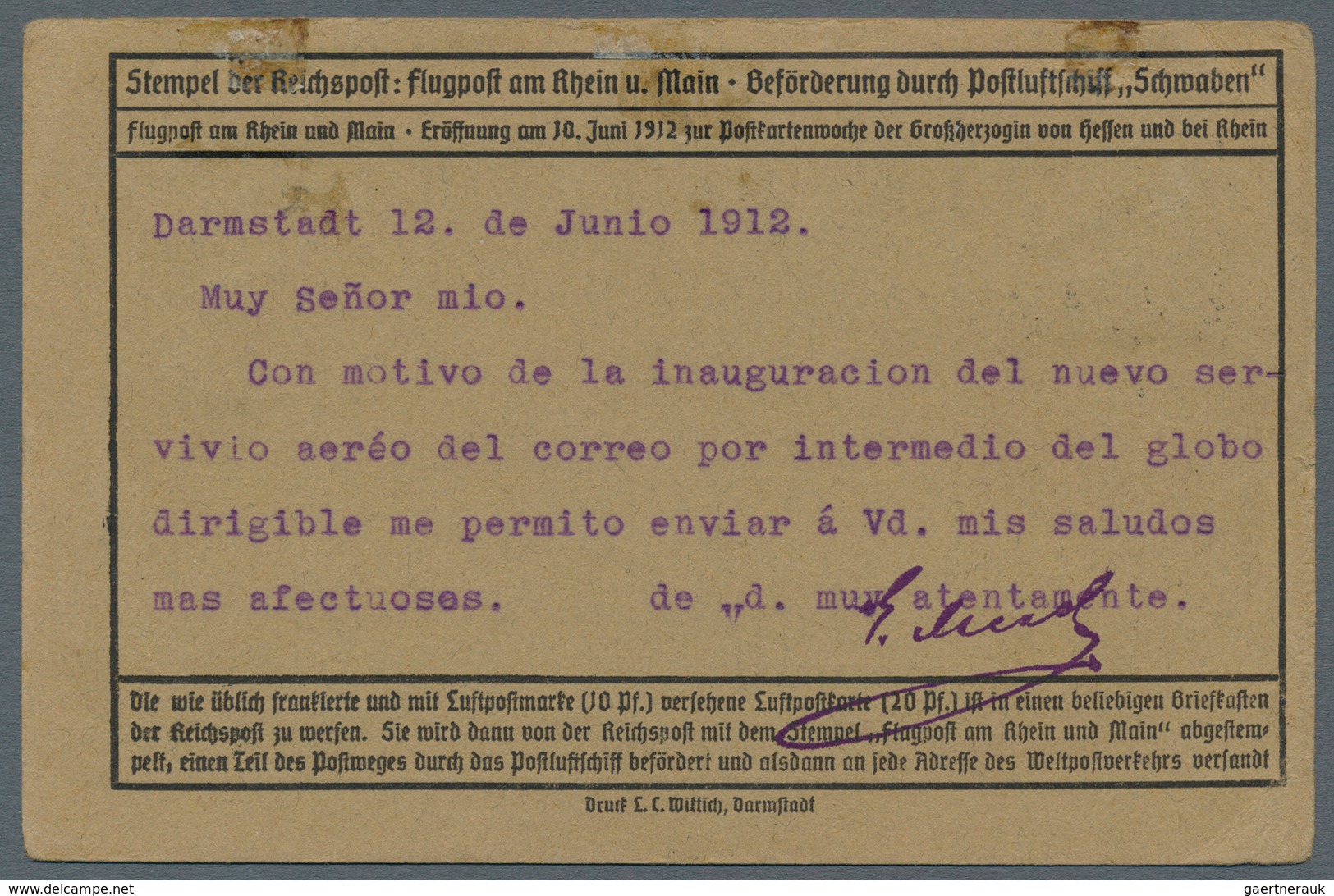 12948 Zeppelinpost Deutschland: 1912, 10 Pfg. Rhein/Main Auf Sonderkarte Mit 10 Pfg. Germania Und Flugstem - Poste Aérienne & Zeppelin