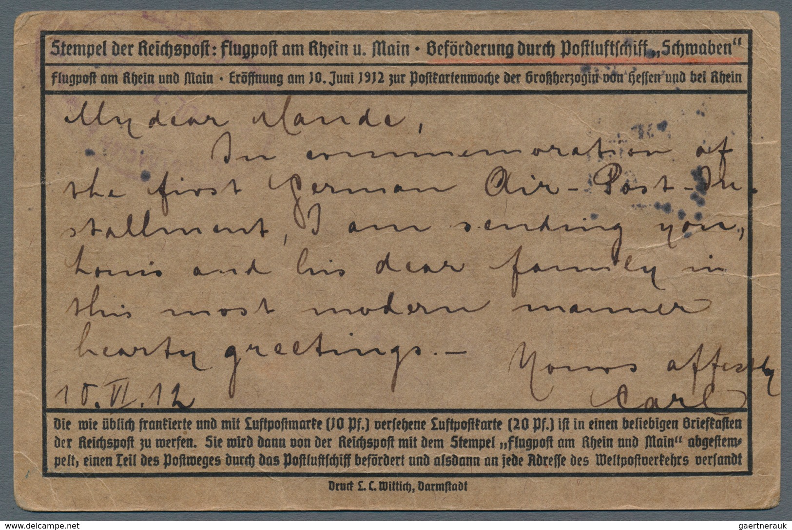 12949 Zeppelinpost Deutschland: 1912, 10 Pfg. Rhein/Main Auf Sonderkarte Mit 10 Pfg. Germania Und Flugstem - Poste Aérienne & Zeppelin