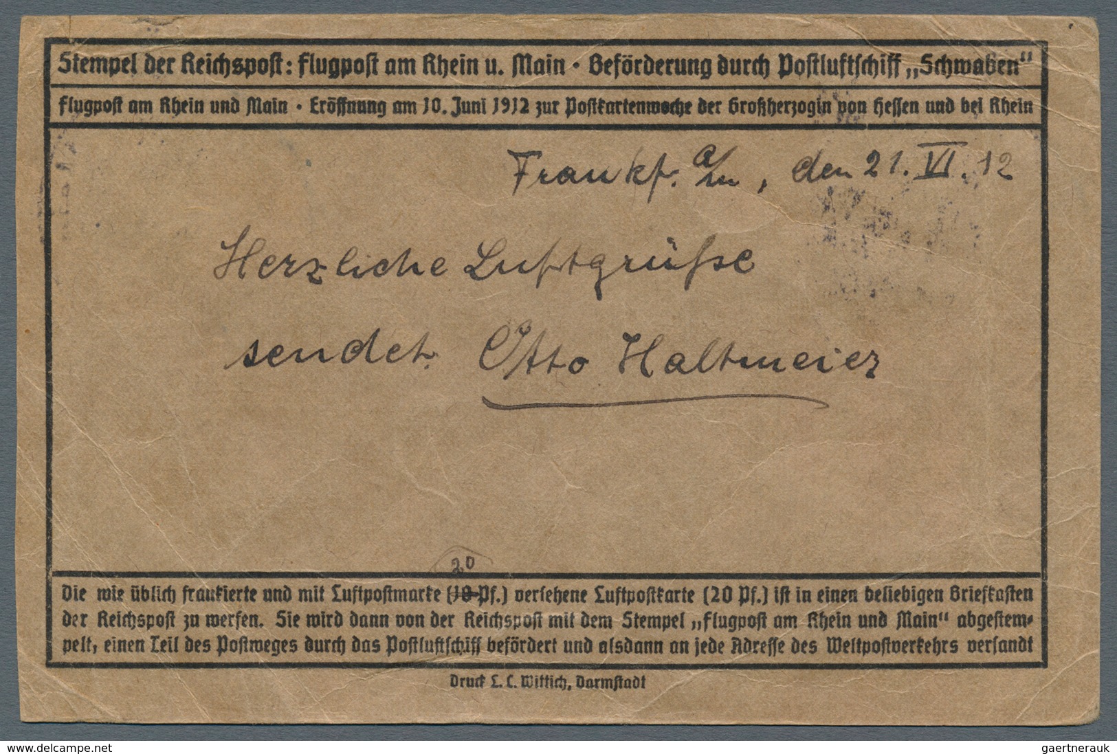 12951 Zeppelinpost Deutschland: 1912, 20 Pfg. Rhein/Main Mit Markanter Waagerechter Doppelzähnung Unten Au - Luft- Und Zeppelinpost