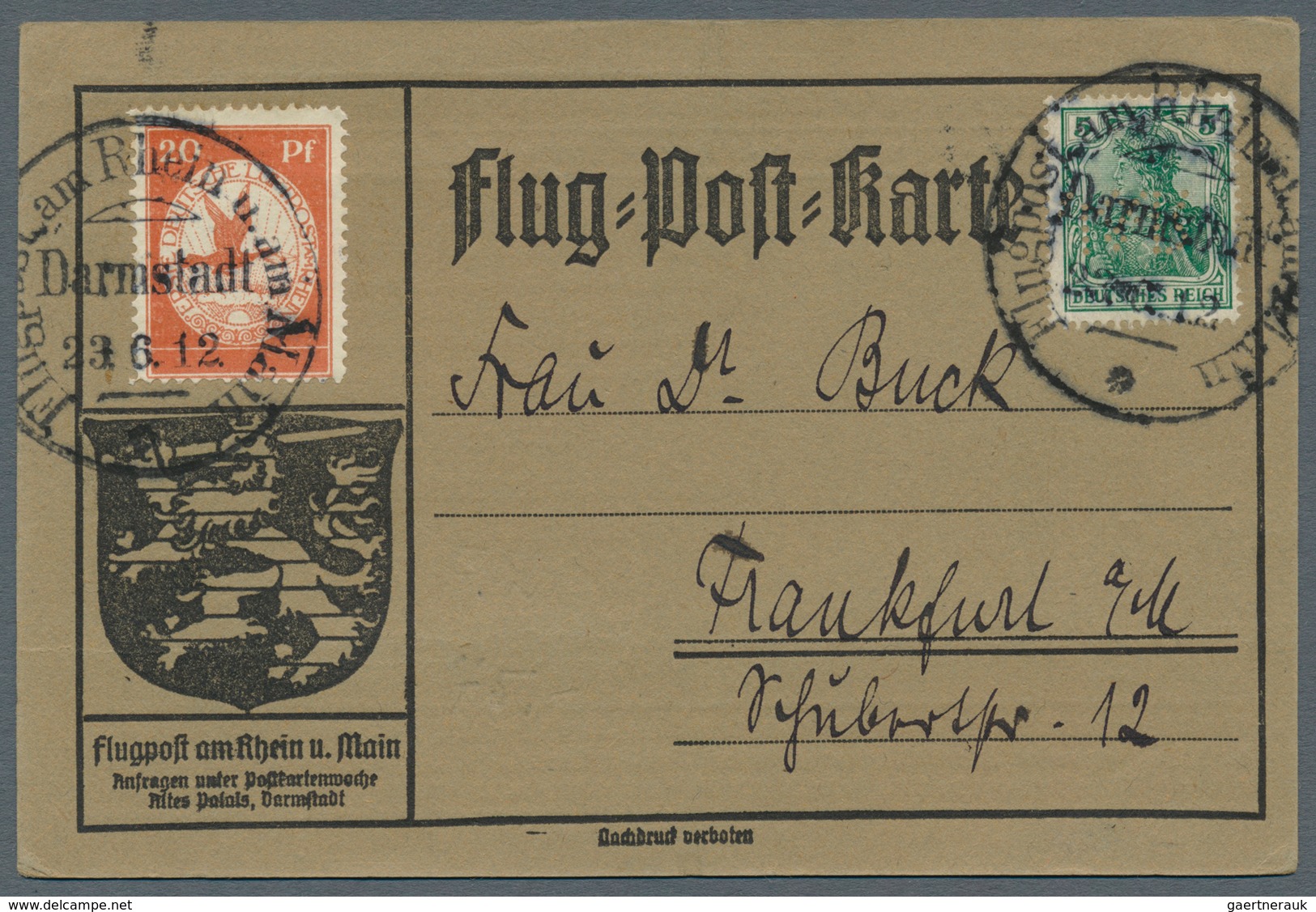 12953 Zeppelinpost Deutschland: 1912, 10 Pfg. Rhein/Main Auf Sonderkarte Mit 5 Pfg. Germania Mit Firmenloc - Luft- Und Zeppelinpost