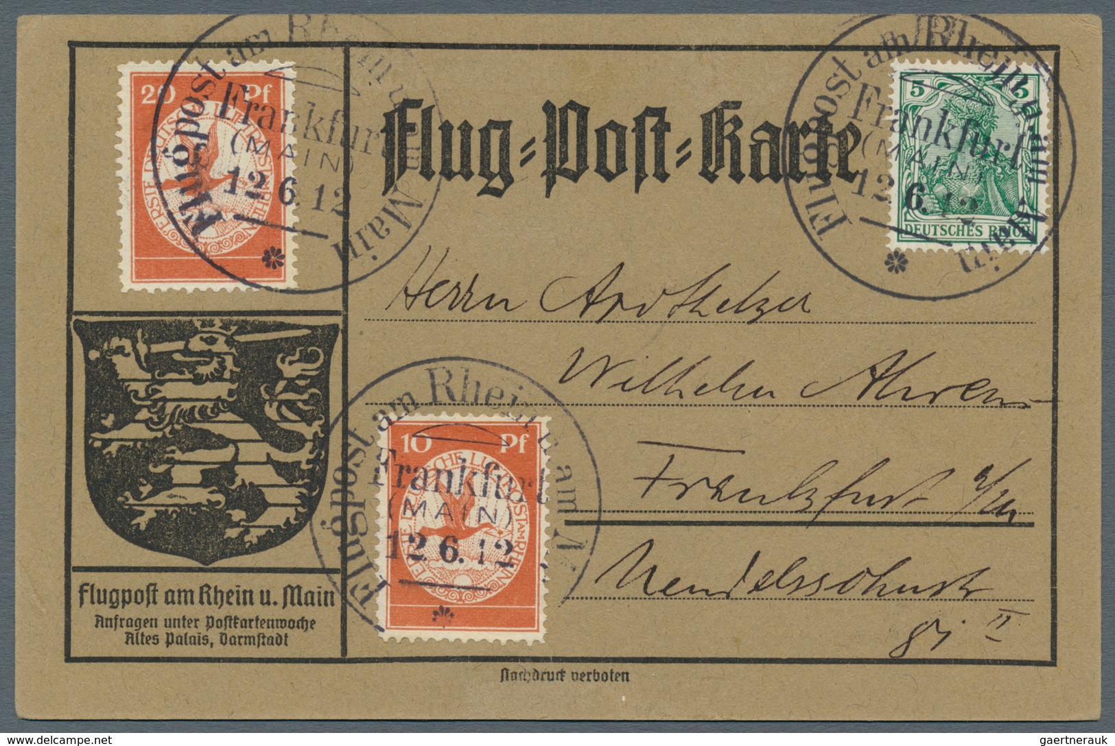 12954 Zeppelinpost Deutschland: 1912, 20 Pfg. Und 10 Pfg. Rhein/Main Auf Sonderkarte Mit 5 Pfg. Germania U - Poste Aérienne & Zeppelin