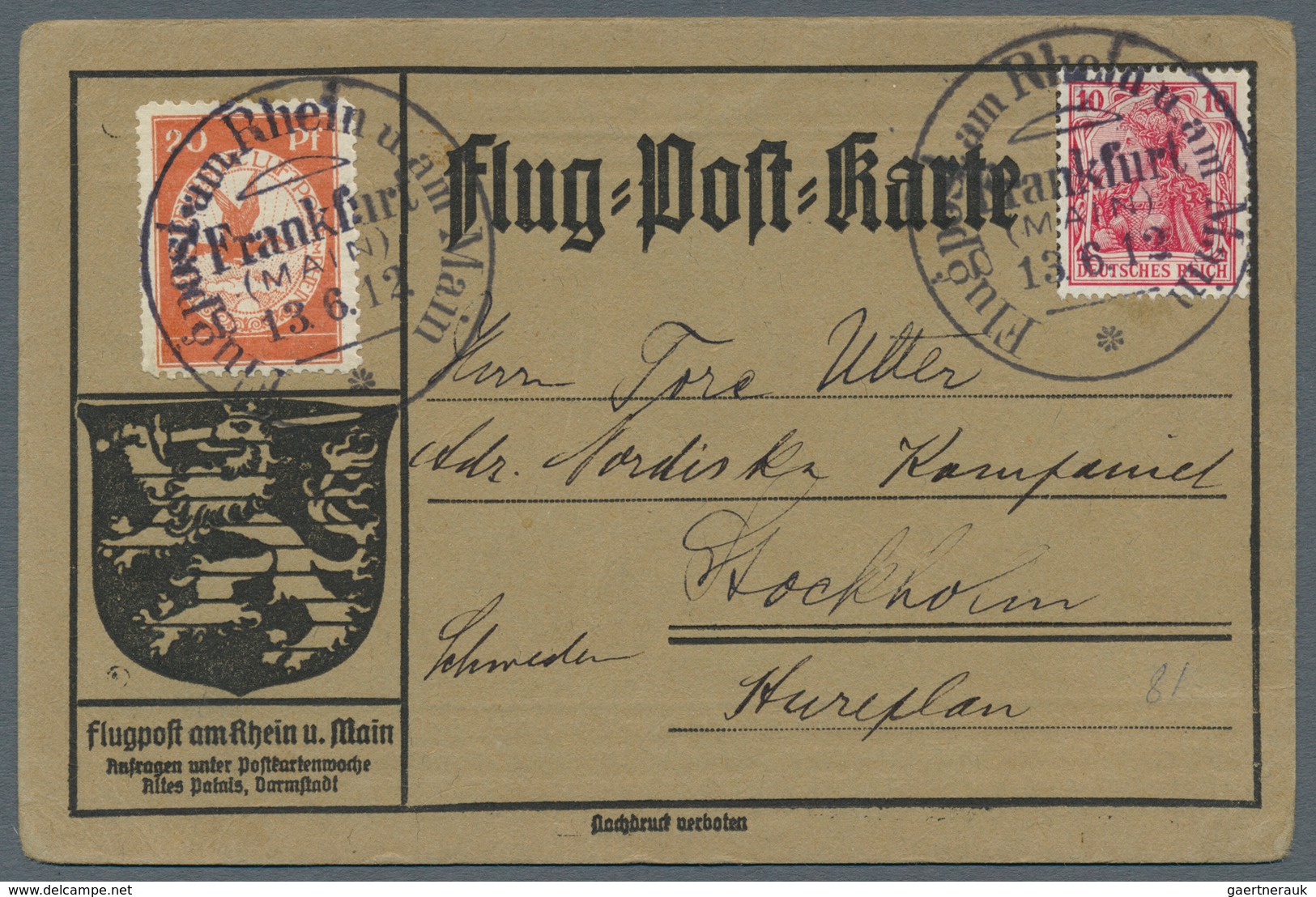 12955 Zeppelinpost Deutschland: 1912, 20 Pfg. Rhein/Main Auf Sonderkarte Mit 10 Pfg. Germania Und Flugstem - Luft- Und Zeppelinpost