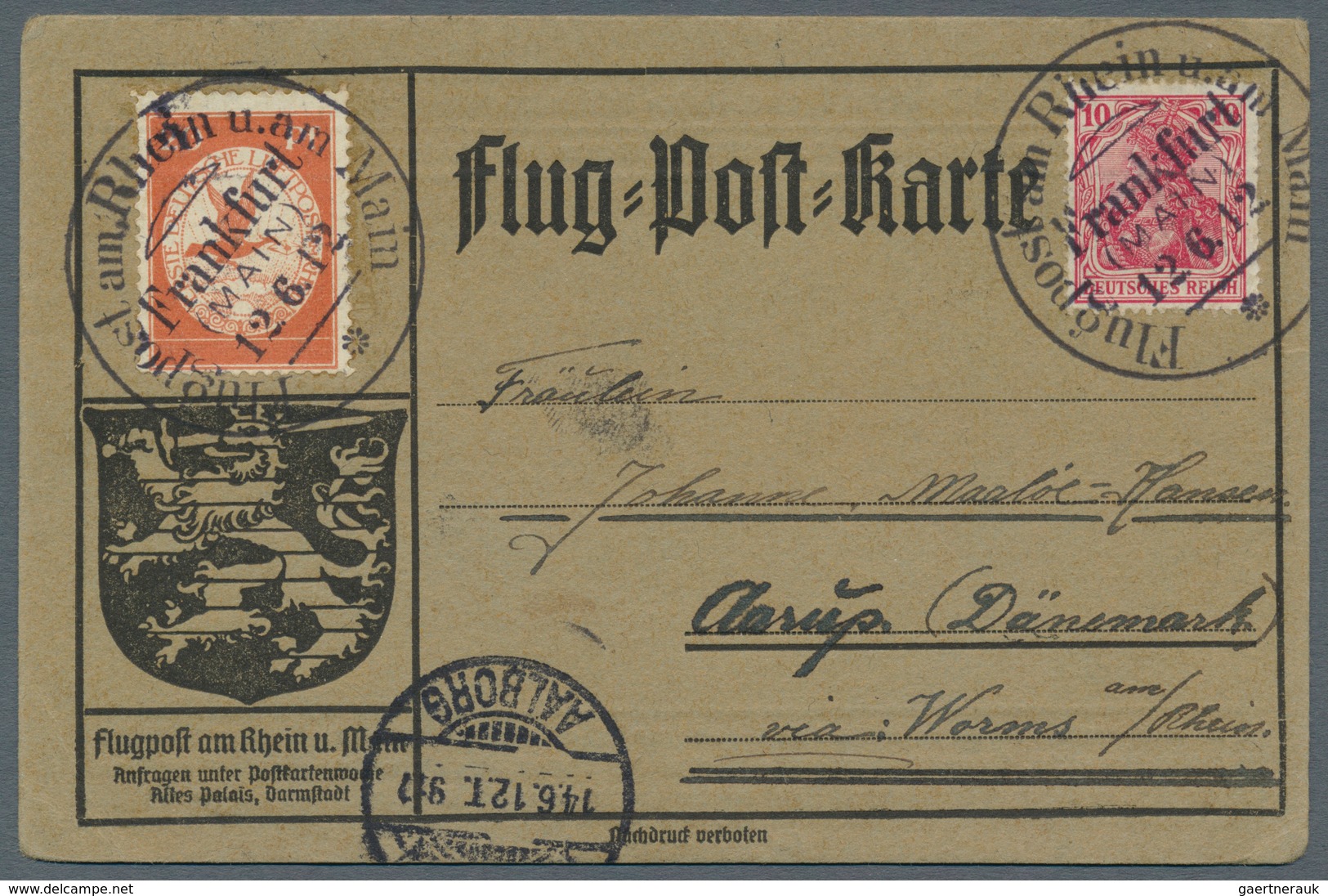 12956 Zeppelinpost Deutschland: 1912, 20 Pfg. Rhein/Main Auf Sonderkarte Mit 10 Pfg. Germania Und Flugstem - Poste Aérienne & Zeppelin