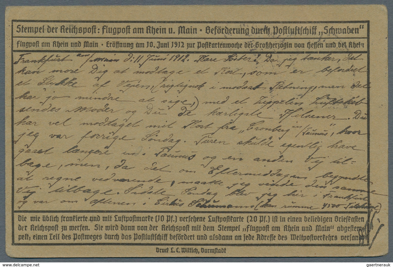 12956 Zeppelinpost Deutschland: 1912, 20 Pfg. Rhein/Main Auf Sonderkarte Mit 10 Pfg. Germania Und Flugstem - Poste Aérienne & Zeppelin