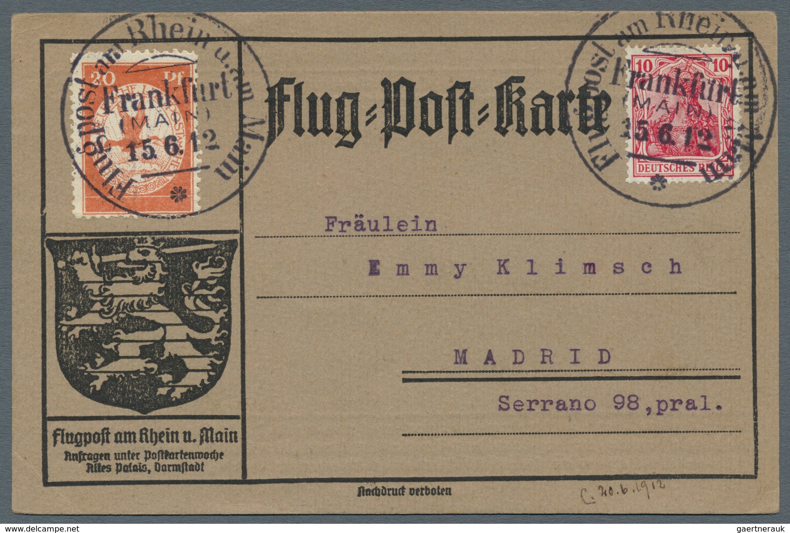 12957 Zeppelinpost Deutschland: 1912, 20 Pfg. Rhein/Main Auf Sonderkarte Mit 10 Pfg. Germania Und Flugstem - Luft- Und Zeppelinpost