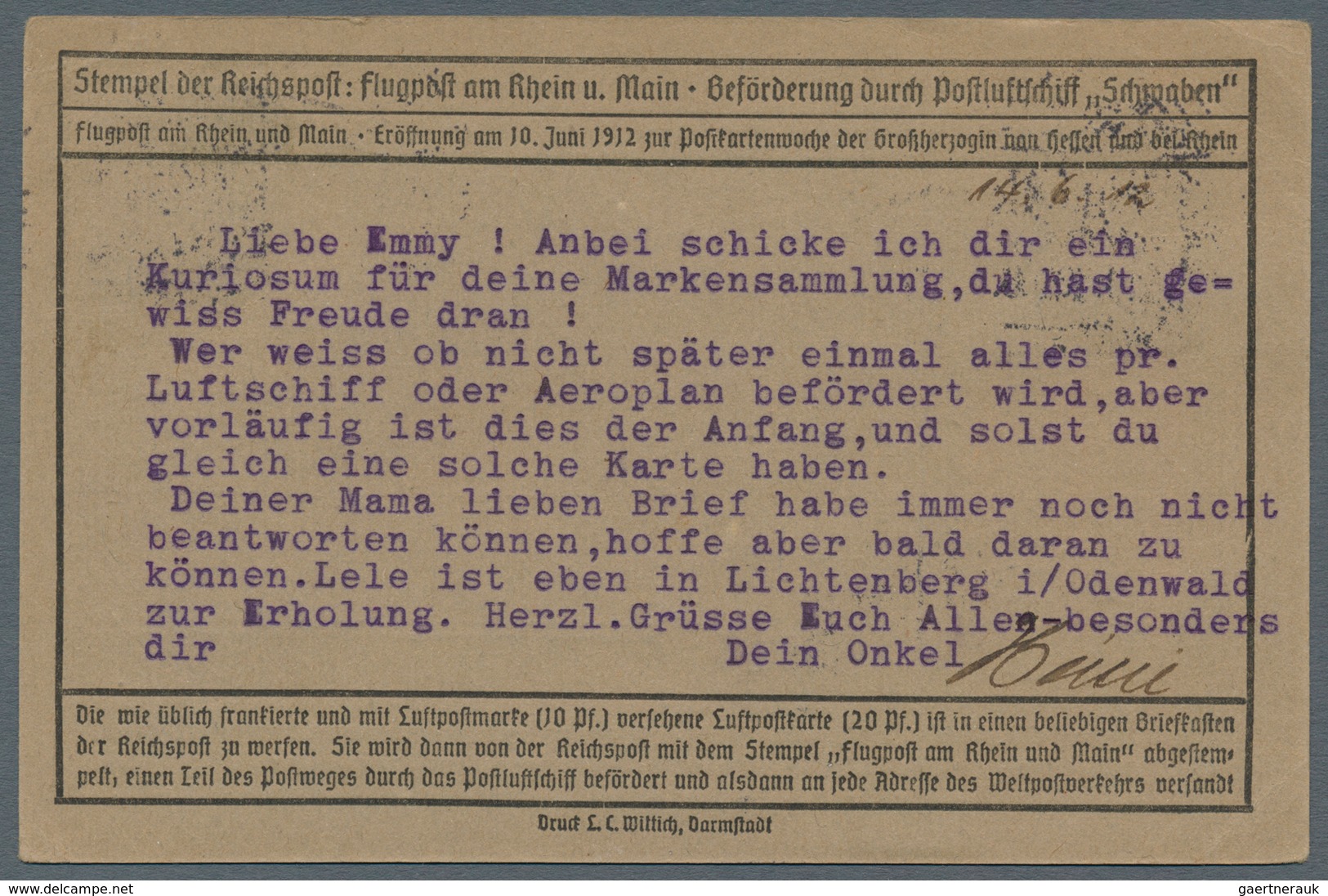 12957 Zeppelinpost Deutschland: 1912, 20 Pfg. Rhein/Main Auf Sonderkarte Mit 10 Pfg. Germania Und Flugstem - Luft- Und Zeppelinpost