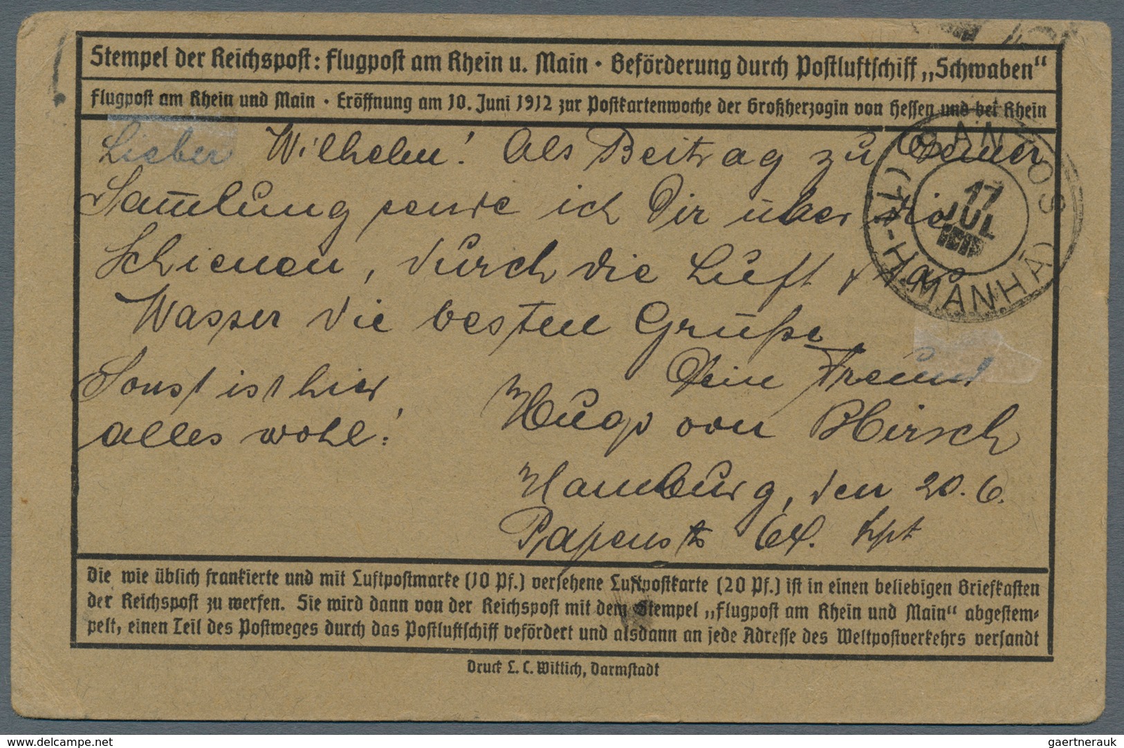 12958 Zeppelinpost Deutschland: 1912, 20 Pfg. Rhein/Main Auf Sonderkarte Mit 10 Pfg. Germania Und Flugstem - Poste Aérienne & Zeppelin