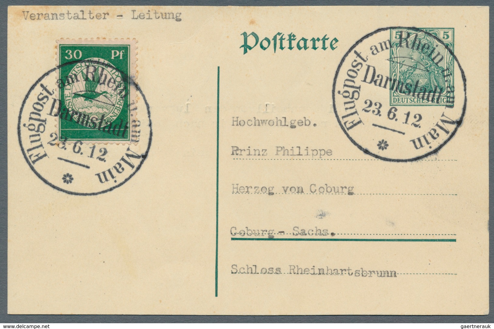 12960 Zeppelinpost Deutschland: 1912, 30 Pfg. Rhein/Main Auf 5 Pfg. Germania-Ganzsachenkarte Mit Flugstemp - Poste Aérienne & Zeppelin