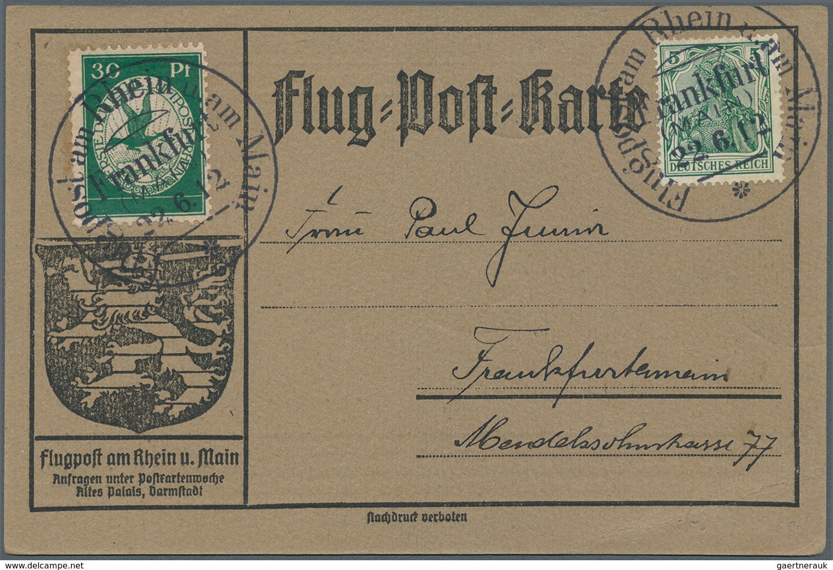 12961 Zeppelinpost Deutschland: 1912, 30 Pfg. Rhein/Main Auf Sonderkarte Mit 5 Pfg. Germania Und Flugstemp - Poste Aérienne & Zeppelin