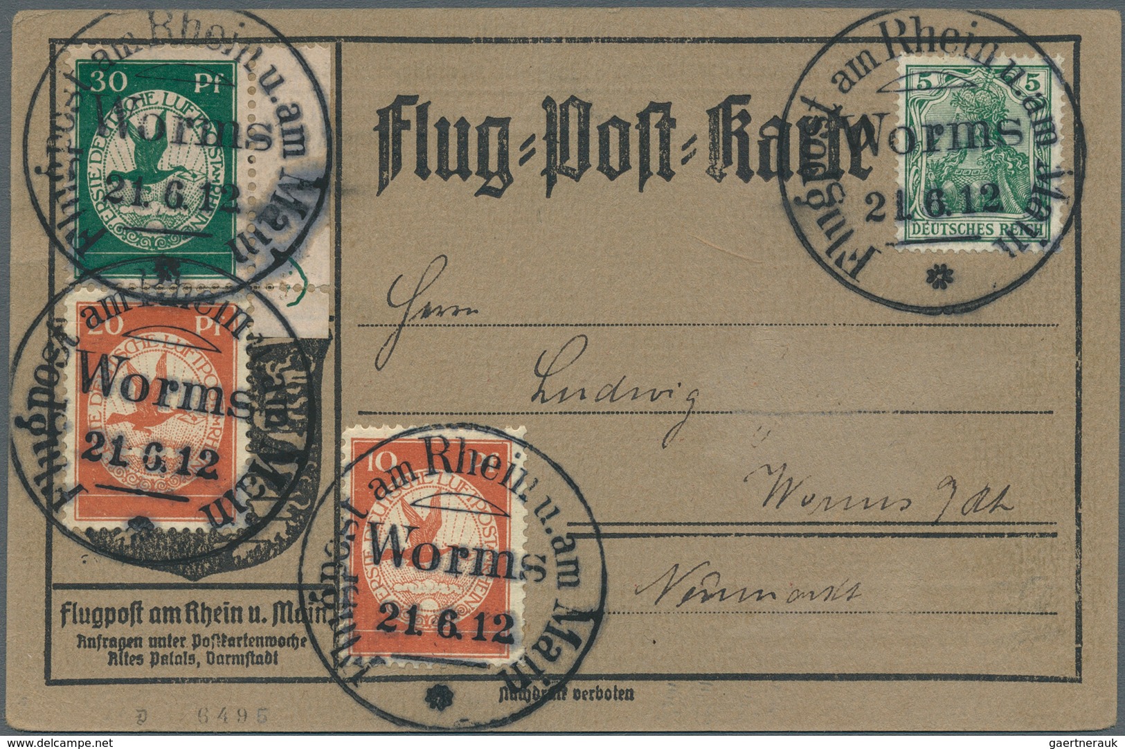12963 Zeppelinpost Deutschland: 1912, 30 Pfg. (Randstück), 20 Pfg. Und 10 Pfg. Rhein/Main Auf Sonderkarte - Luft- Und Zeppelinpost