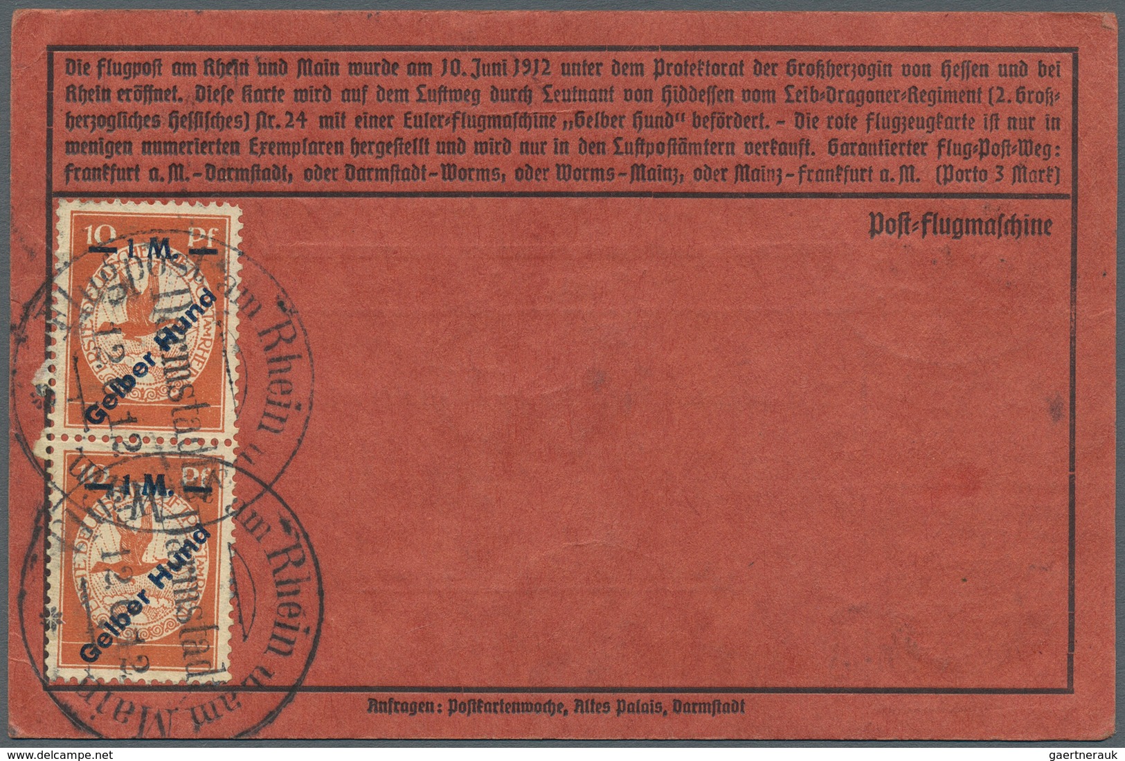 12967 Zeppelinpost Deutschland: 1912, 1 M. Gelber Hund, Einzelwert Und Senkrechtes Paar Rückseitig Auf Rot - Poste Aérienne & Zeppelin