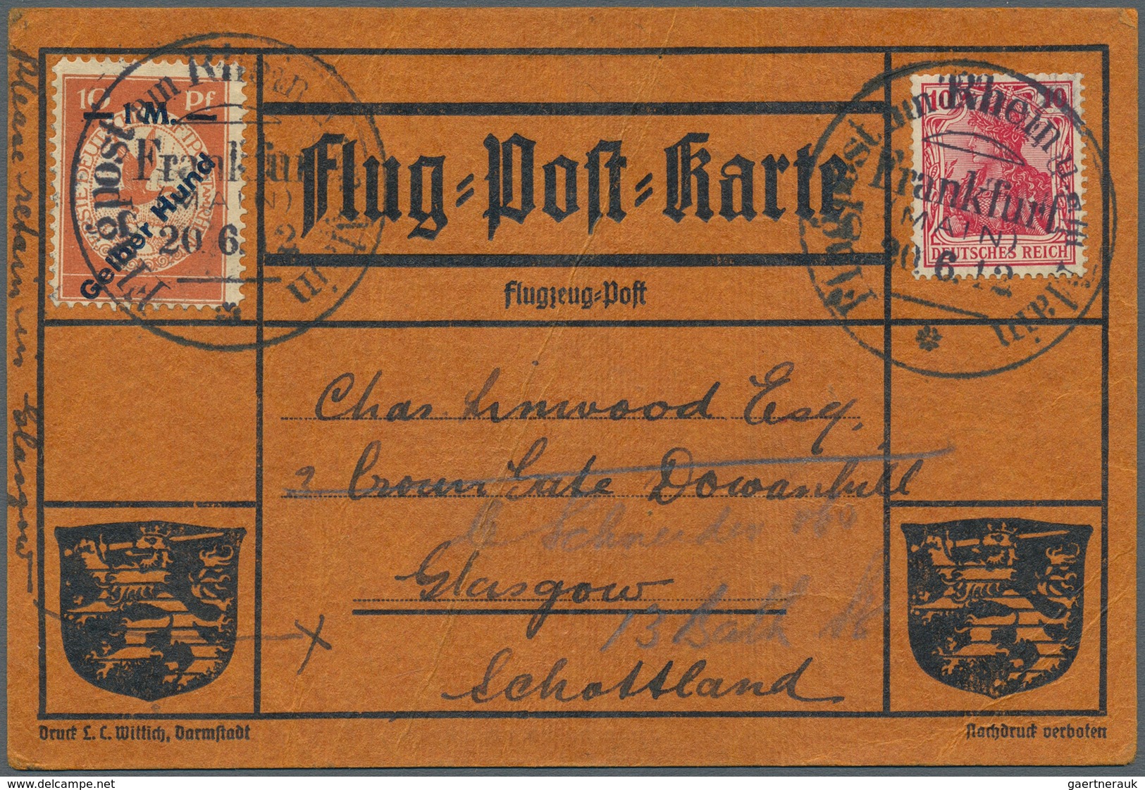 12974 Zeppelinpost Deutschland: 1912, 1 M. Gelber Hund Auf Sonderkarte Mit 10 Pfg. Germania Und Flupostste - Luft- Und Zeppelinpost