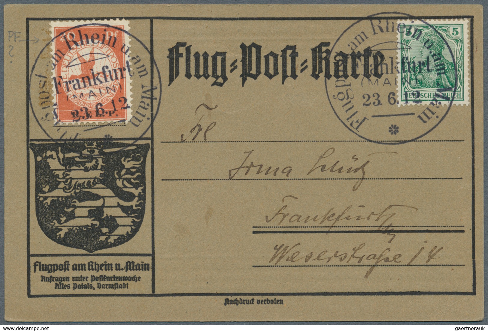 12976 Zeppelinpost Deutschland: 1912, FLUGPOST RHEIN-MAIN: 20 Pfg. "E.EL.P." Mit Plattenfehler Von Feld 87 - Poste Aérienne & Zeppelin