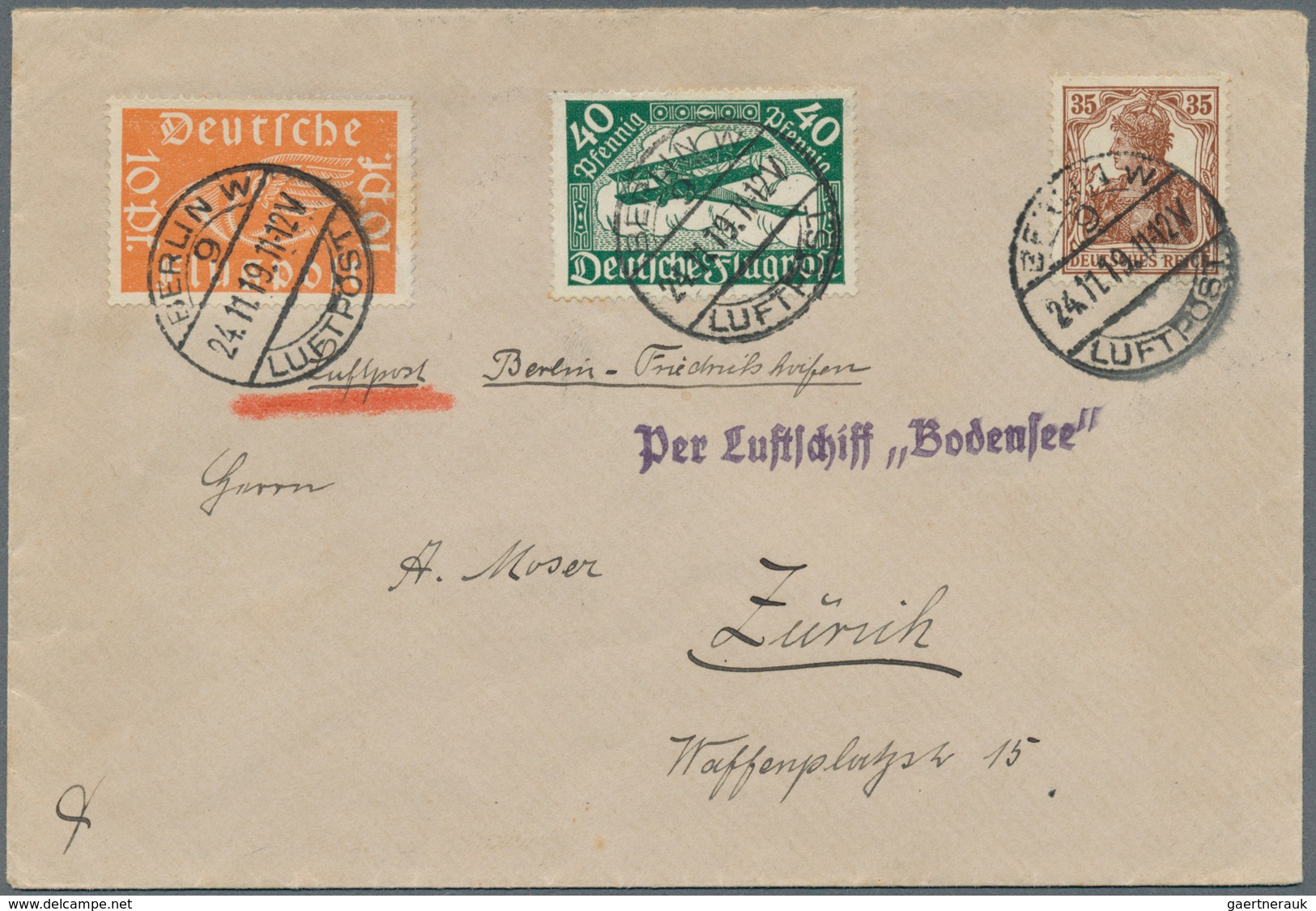 12980 Zeppelinpost Deutschland: 1919, LZ/BODENSEE: Mißglückte Gegenwindfahrt Als Kab-Brief (Stempel Berlin - Poste Aérienne & Zeppelin