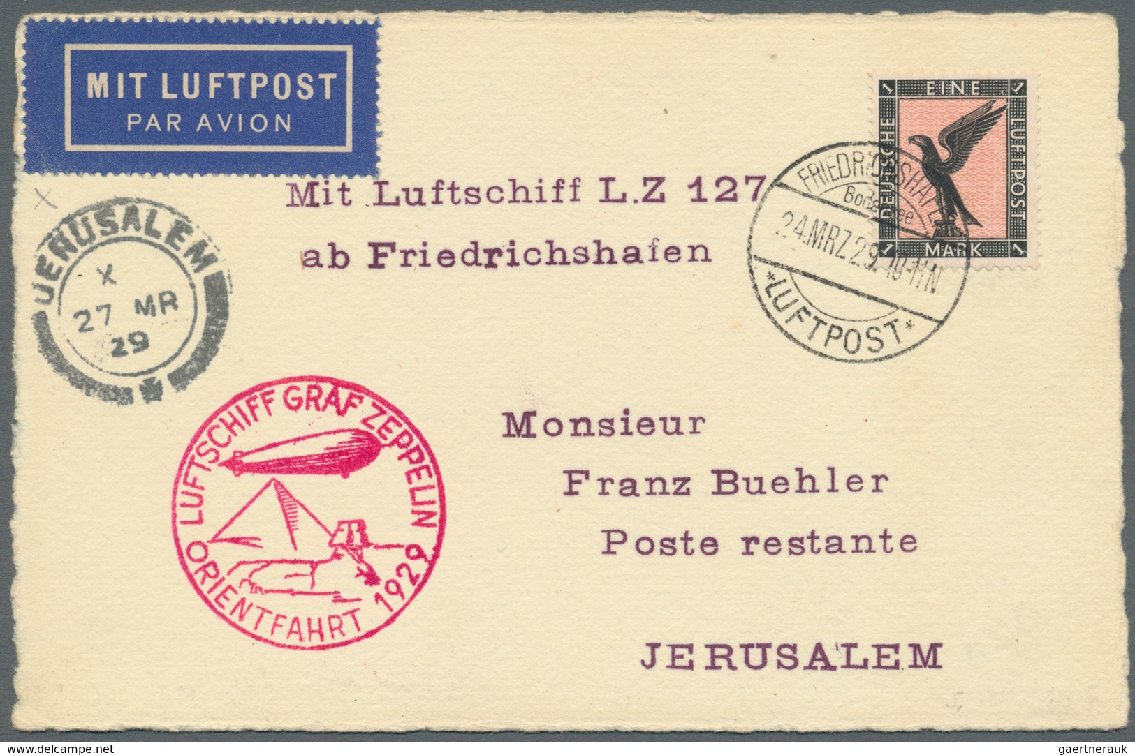 12982 Zeppelinpost Deutschland: Orientfahrt 1929 Nach Jerusalem, Postkarte Mit 1 M., - Luft- Und Zeppelinpost