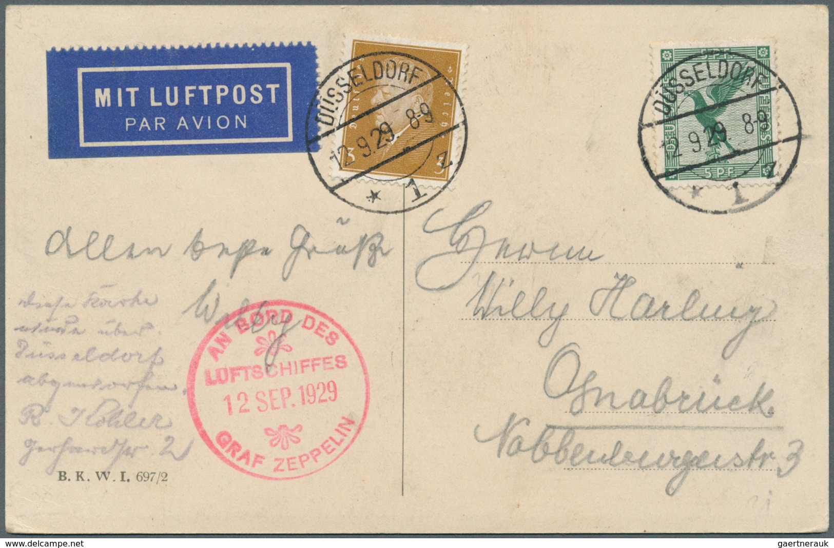 12990 Zeppelinpost Deutschland: 1929, DEUTSCHLANDFAHRT/Abwurf DÜSSELDORF (Stempel "DÜSSELDORF*1z"): Karte - Poste Aérienne & Zeppelin