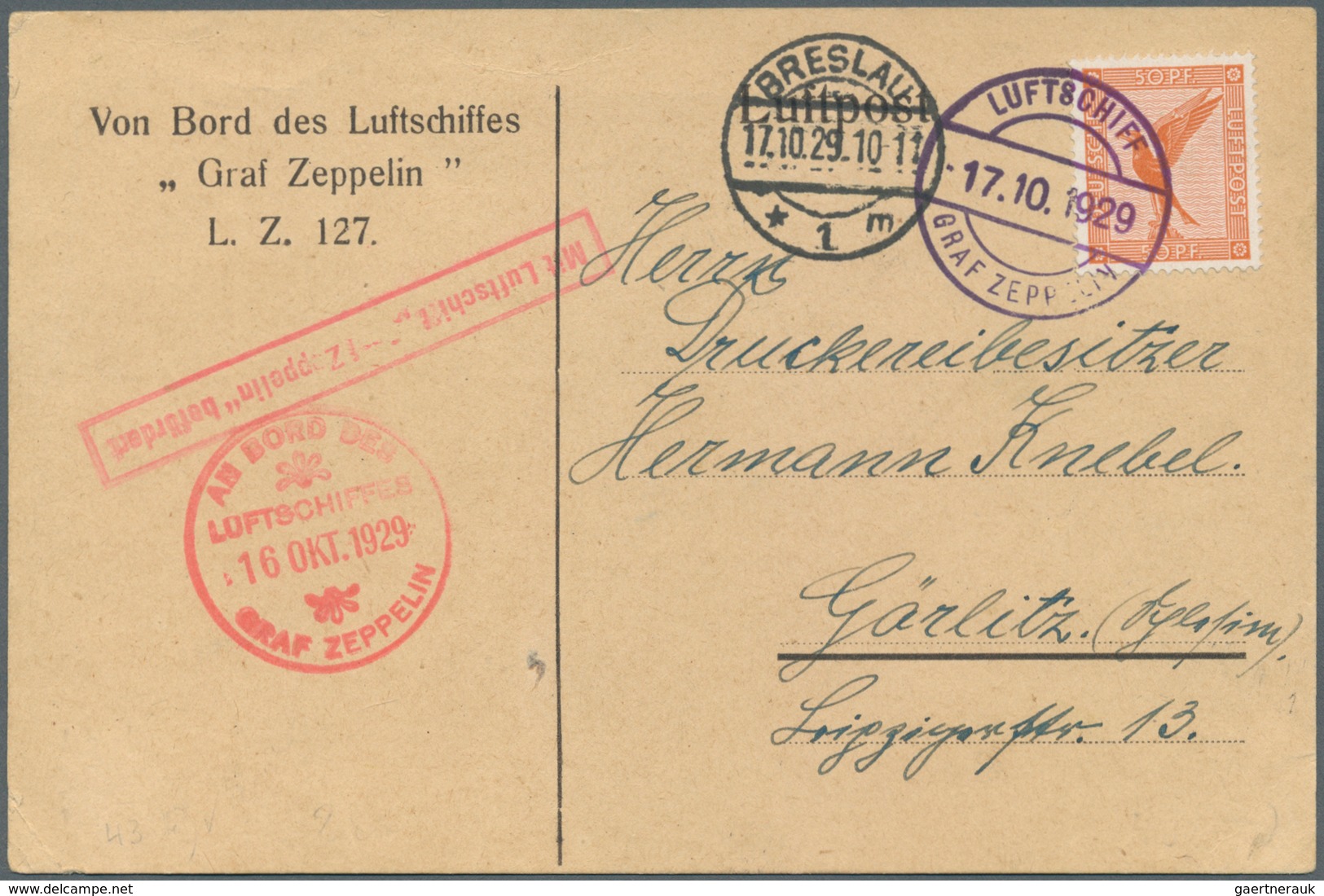 12997 Zeppelinpost Deutschland: 1929, Schlesienfahrt Mit Abwurf Breslau, 50 Pfg. Adler Auf Karte Mit Bords - Poste Aérienne & Zeppelin