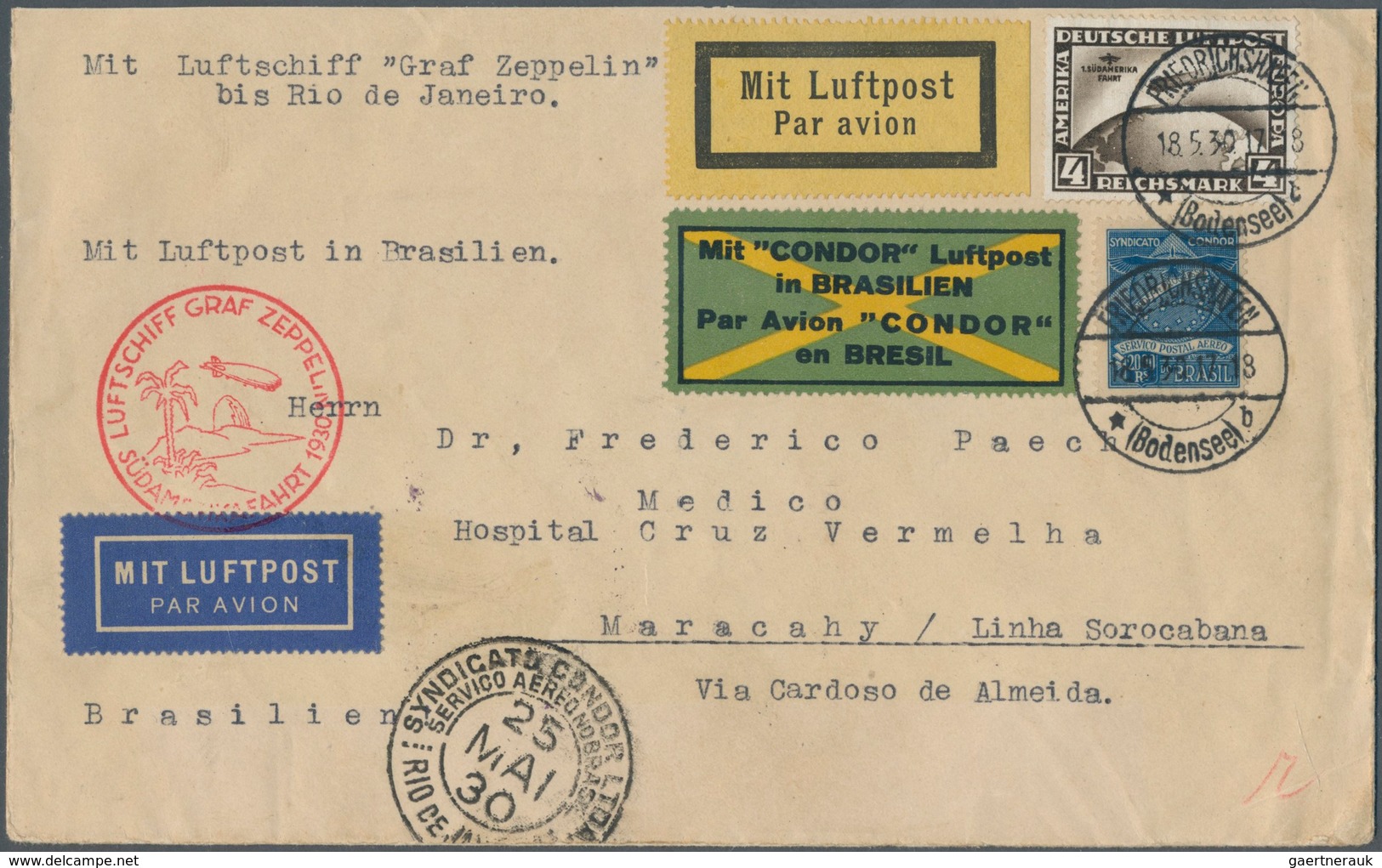 13002 Zeppelinpost Deutschland: 1930 (18.5.), Südamerikafahrt, 4 RM Südamerikafahrt Und Brasilianische Bei - Poste Aérienne & Zeppelin