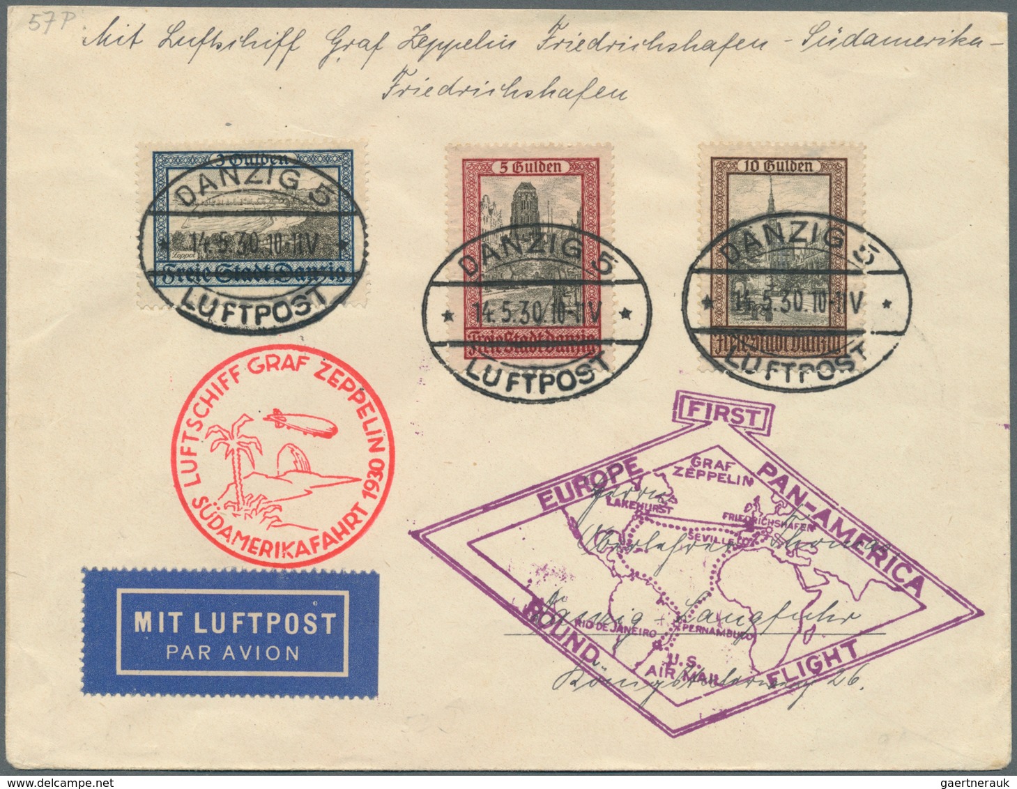 13004 Zeppelinpost Deutschland: 1930: DANZIG/SAF 1930: Tadelloser Rundfahrtbrief FHFN-FHFN Mit Luxus-Spitz - Poste Aérienne & Zeppelin