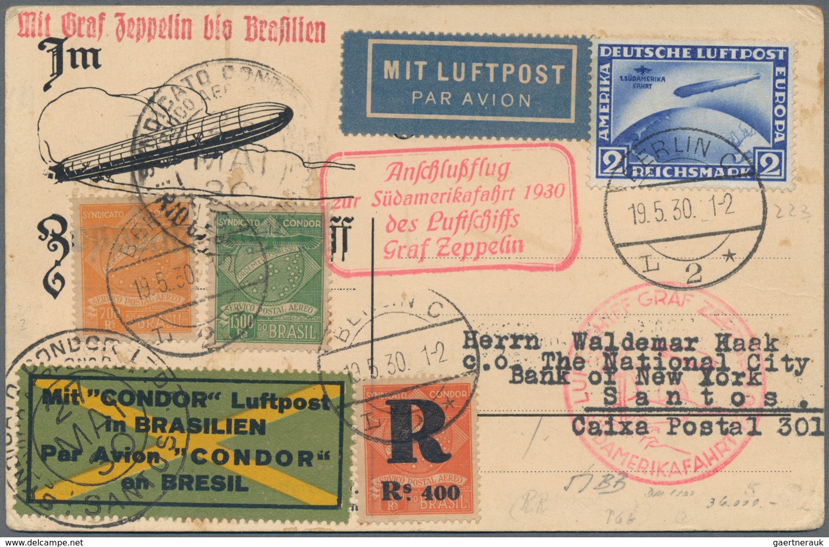 13005 Zeppelinpost Deutschland: 1930, 2 RM Zeppelin-Chicagofahrt Auf Karte Ab BERLIN Nach Santos/Brasilien - Poste Aérienne & Zeppelin