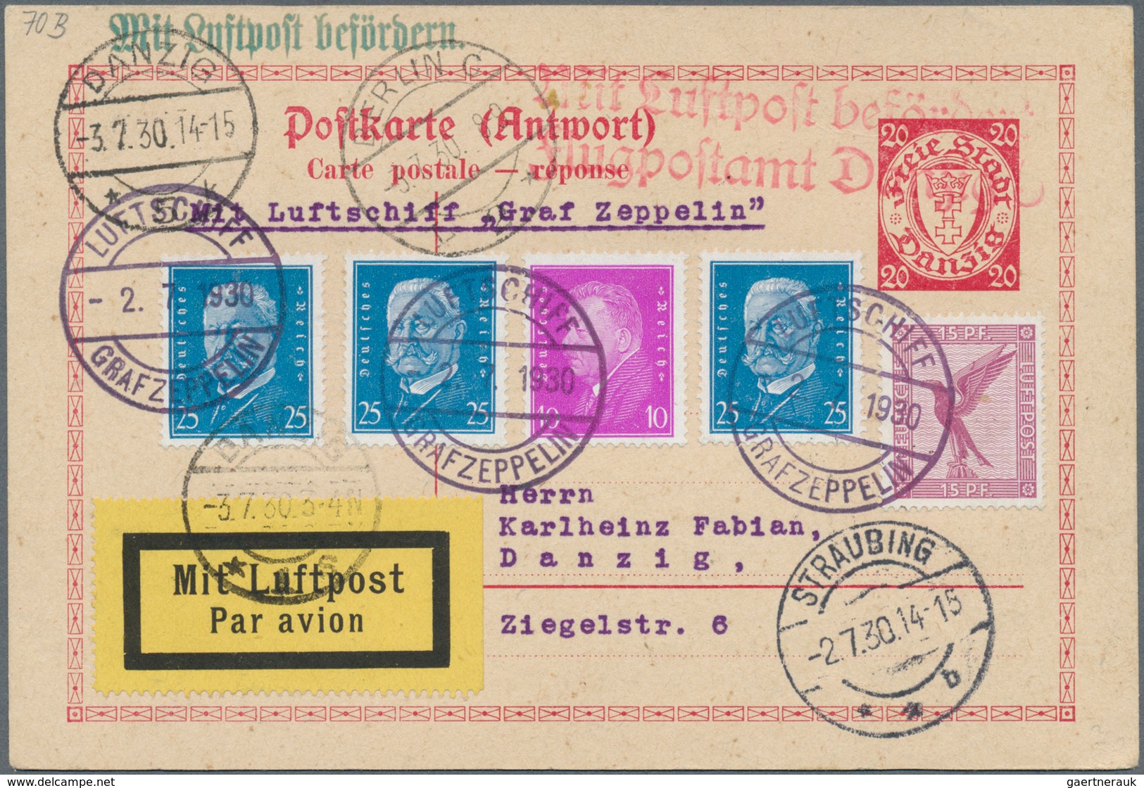 13008 Zeppelinpost Deutschland: 1930: DANZIG 20 Pfg Wappen-Antwortkarte Als Zeppelin-Bordpost 2.7.1930 Von - Luft- Und Zeppelinpost