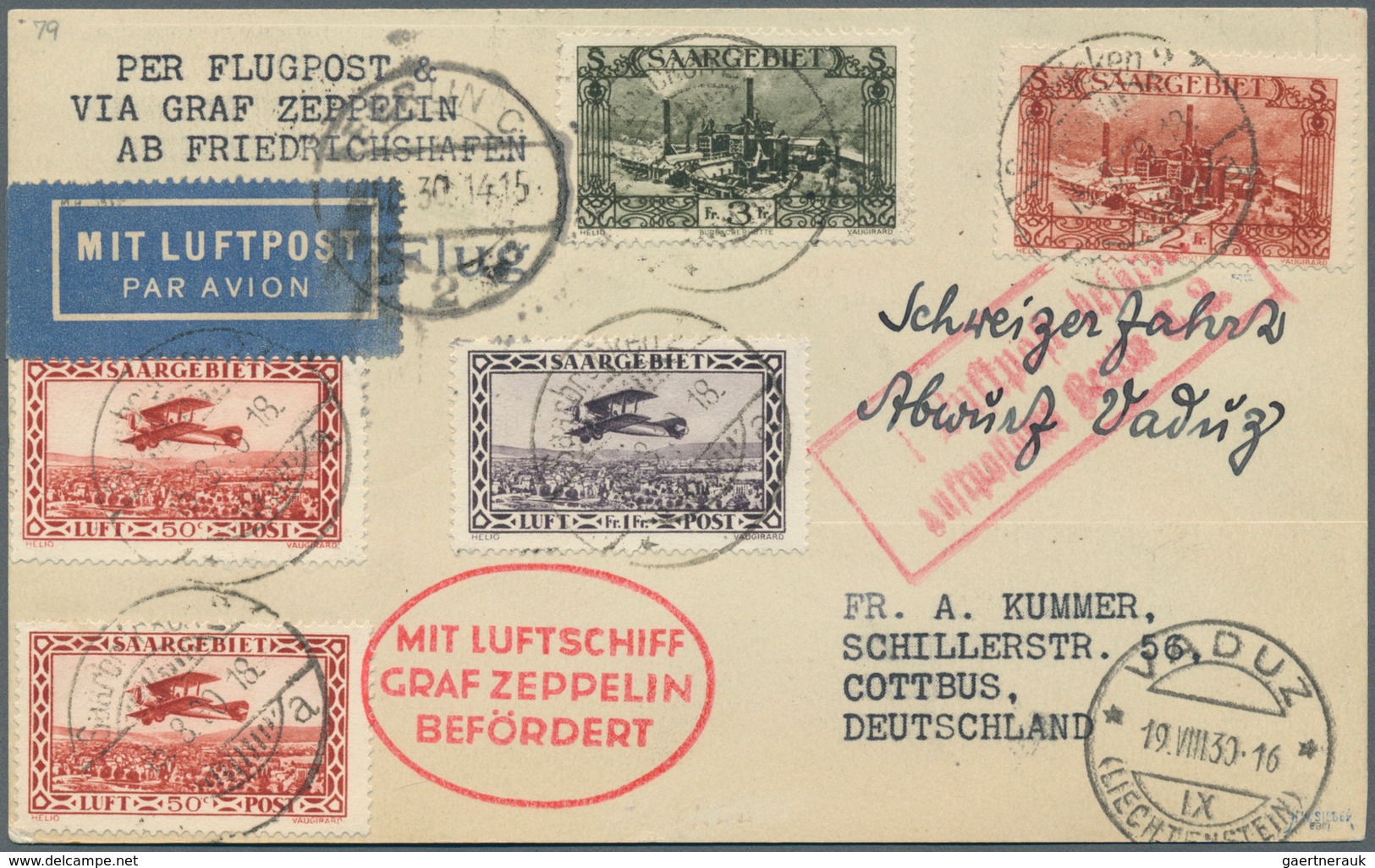 13011 Zeppelinpost Deutschland: 1930, SAAR/VADUZFAHRT: Zeppelinkarte Mit Dekorativer 5-Farben-Frankatur Un - Poste Aérienne & Zeppelin