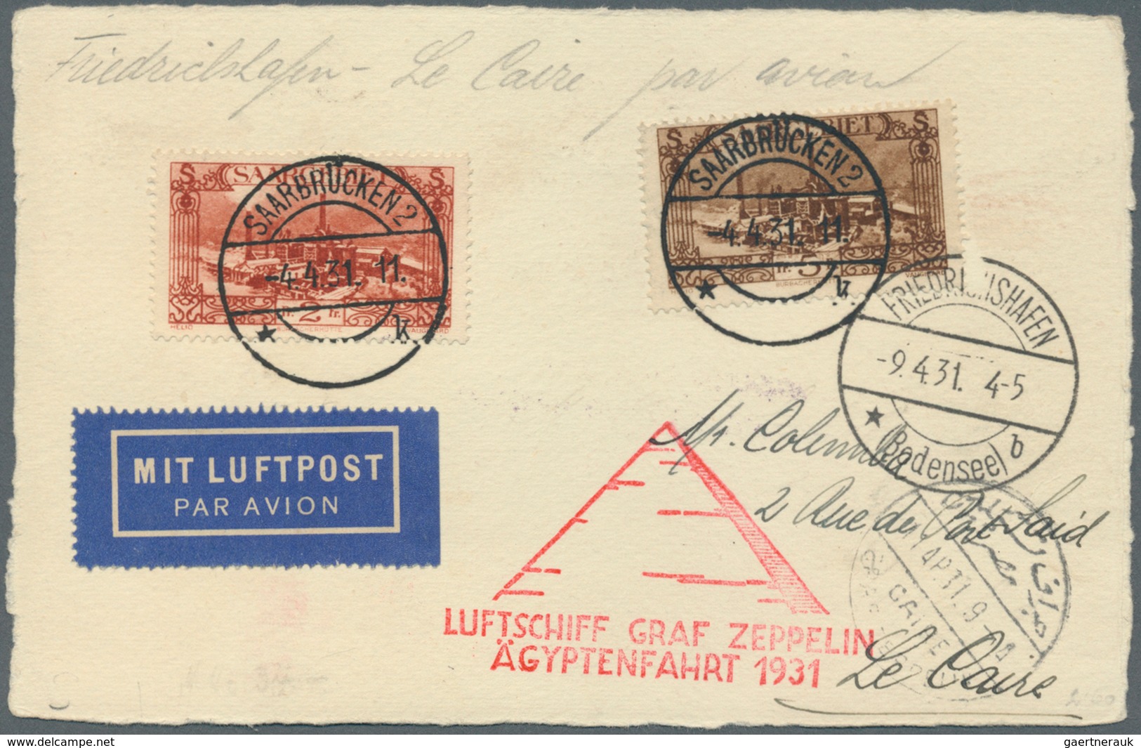 13018 Zeppelinpost Deutschland: Saarland: 1931, Ägyptenfahrt Bis Cairo, Karte Mit 5 Fr. Und 2 Fr. Freimark - Poste Aérienne & Zeppelin