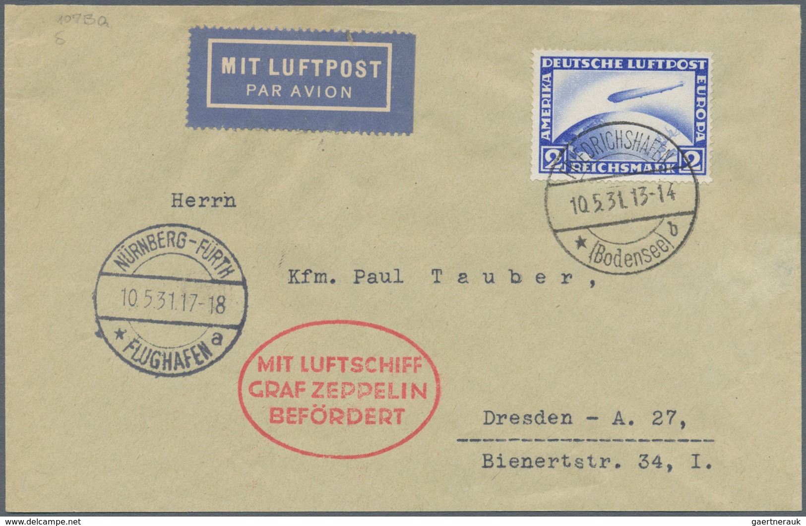 13019 Zeppelinpost Deutschland: 1931: NÜRNBERG-Fahrt: Luxus-Auflieferungsbrief FHFN Mit 2 RM, Mi 423, Als - Luft- Und Zeppelinpost