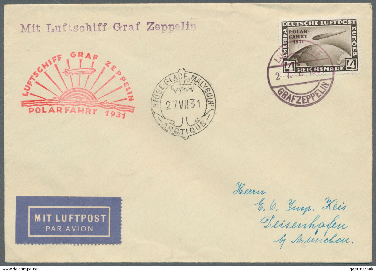 13026 Zeppelinpost Deutschland: Polarfahrt 1931, 4 RM Auf Brief Nach Deissenhafen, Nebenstempel "Malygin" - Luft- Und Zeppelinpost
