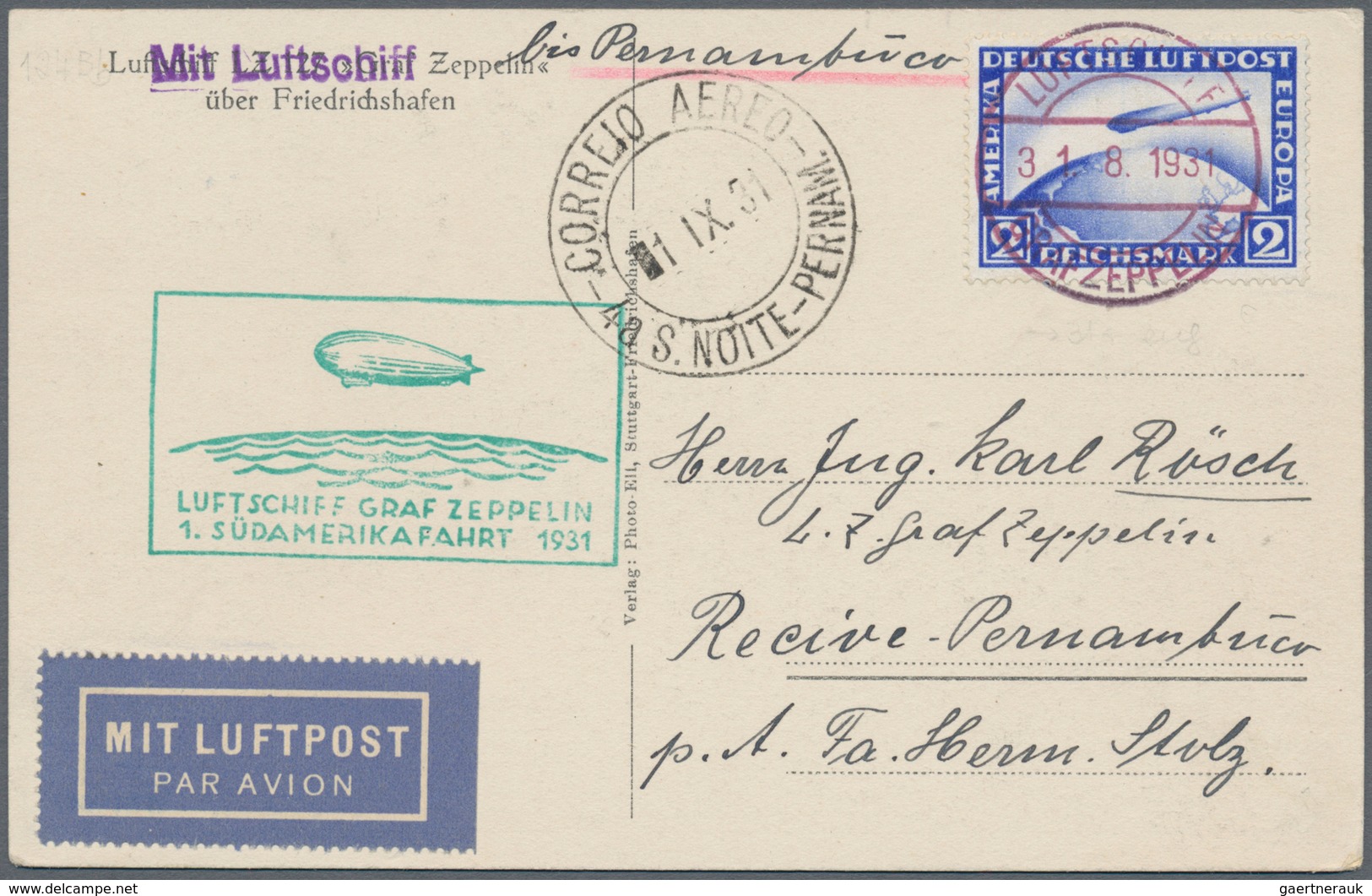 13031 Zeppelinpost Deutschland: 1931: LZ 127/1. SAF 1931: Bordpostkarte, Mi 423 Bis Pernambuco An Besatzun - Poste Aérienne & Zeppelin