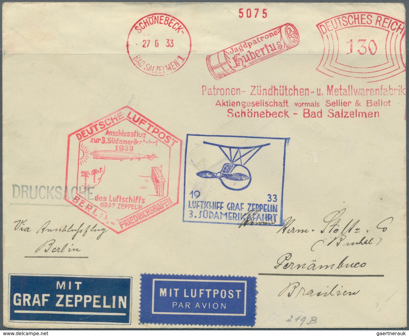 13046 Zeppelinpost Deutschland: 1933, Zeppelin 3. Südamerika-Fahrt - Drucksache Mit FREISTEMPLER Der Fa. S - Poste Aérienne & Zeppelin