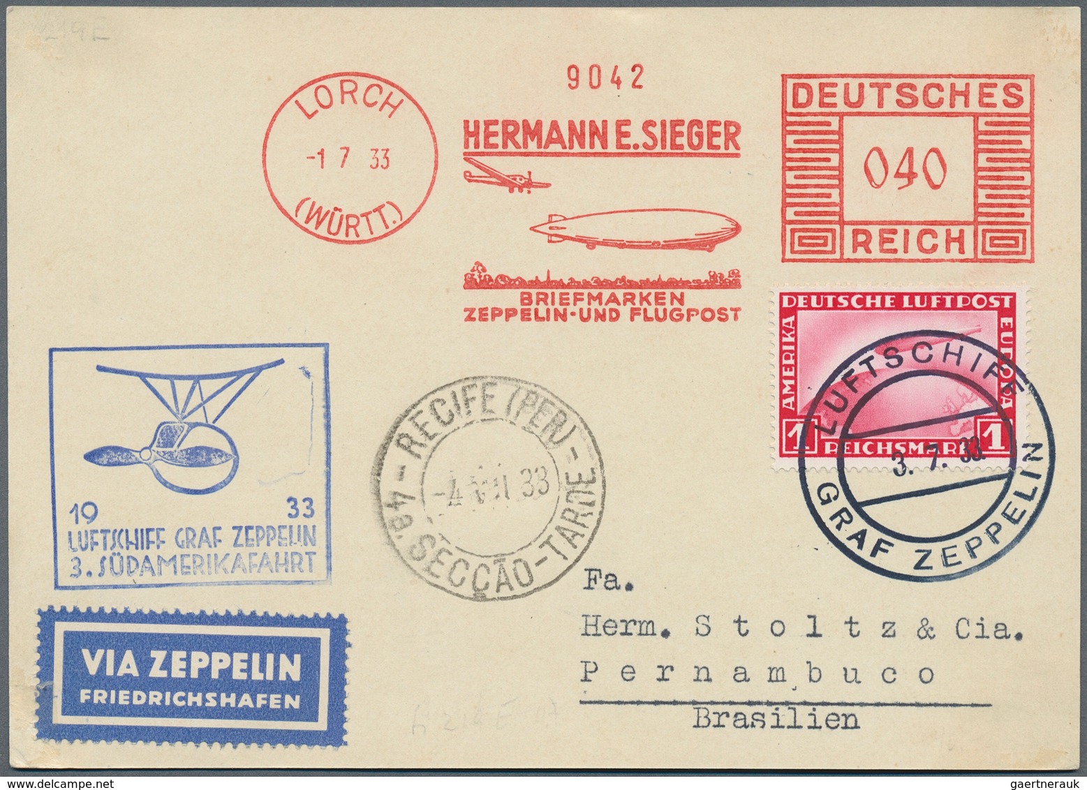 13047 Zeppelinpost Deutschland: 1933: LZ 127/3. SAF 1933: Luxuskarte Mit Sieger 40 Pfg Zeppelinbild-Freist - Luft- Und Zeppelinpost