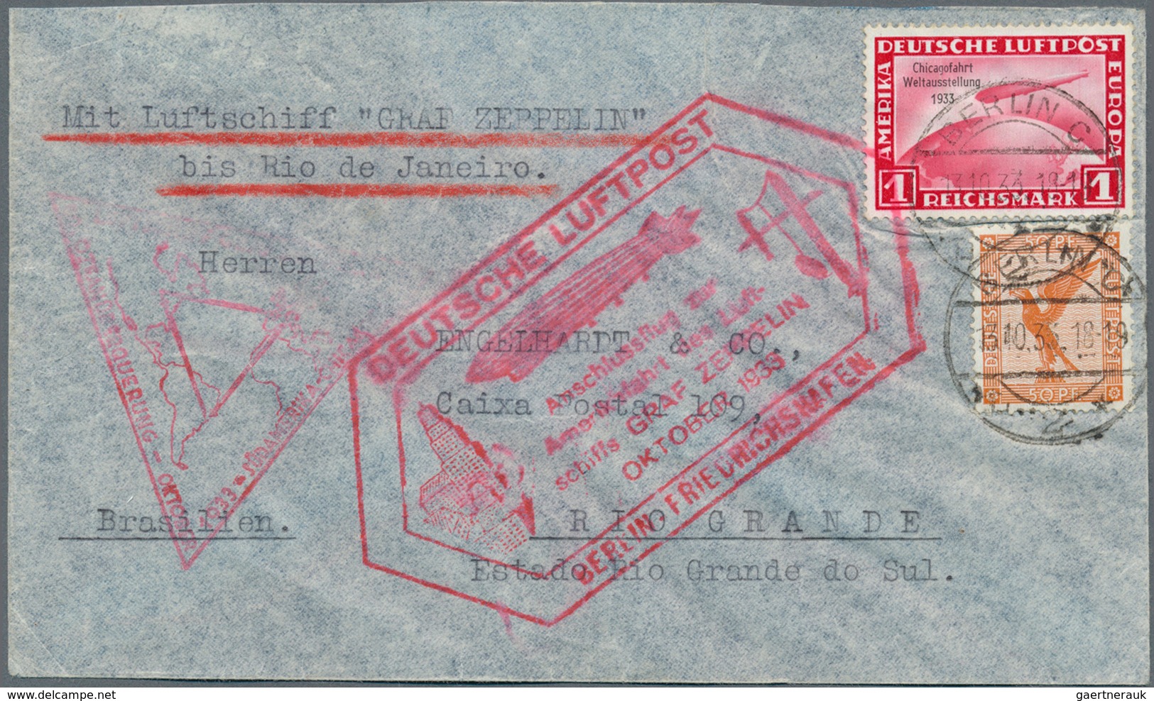 13052 Zeppelinpost Deutschland: 1933: Chicagofahrt: Berlin-Anschluß-Etappenbrief FHFN-RIO, Portorichtig Mi - Luft- Und Zeppelinpost