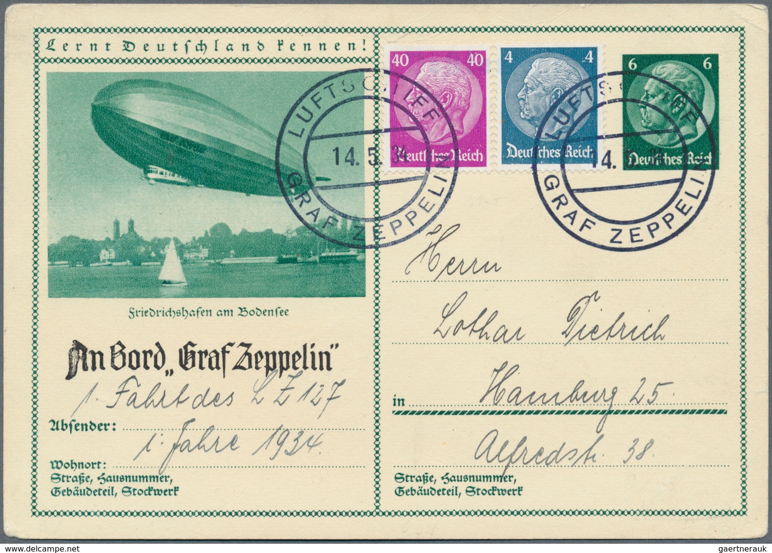 13054 Zeppelinpost Deutschland: 1934, 0246I, LZ 127 ERSTFAHRT 1934: 6 Pfg. Hindenburg Auf Zeppelinbild-Bor - Poste Aérienne & Zeppelin