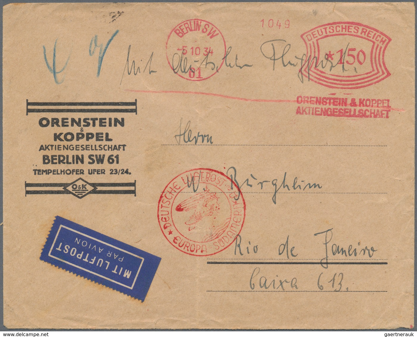 13058 Zeppelinpost Deutschland: 1934, 10. Südamerikafahrt, Anschlußflug Berlin Mit Best.-Stempel "a", Firm - Luft- Und Zeppelinpost