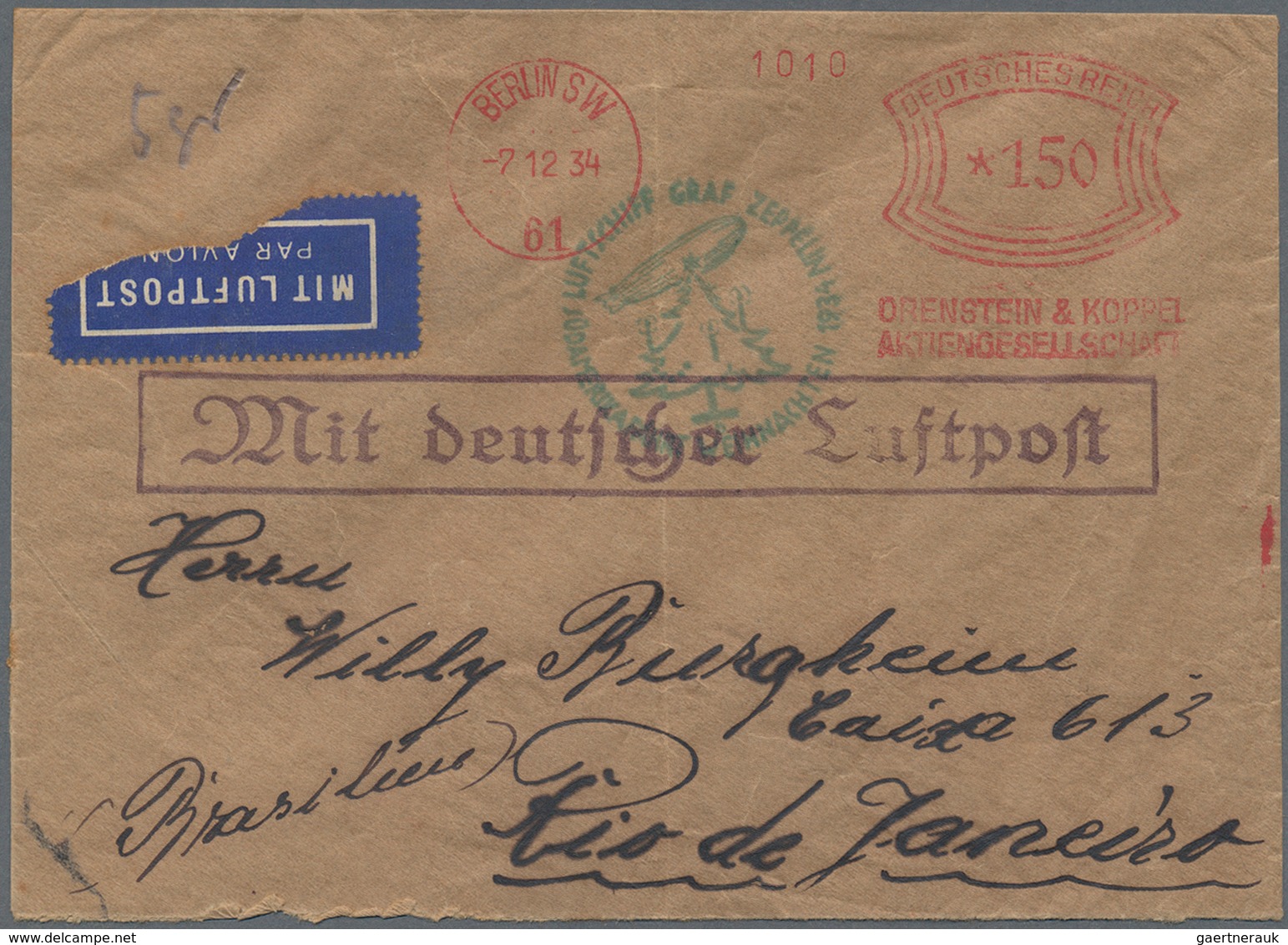 13061 Zeppelinpost Deutschland: 1934, Weihnachtsfahrt (12. SAF.), Anschlußflug Berlin Mit Best.-Stempel "b - Luft- Und Zeppelinpost