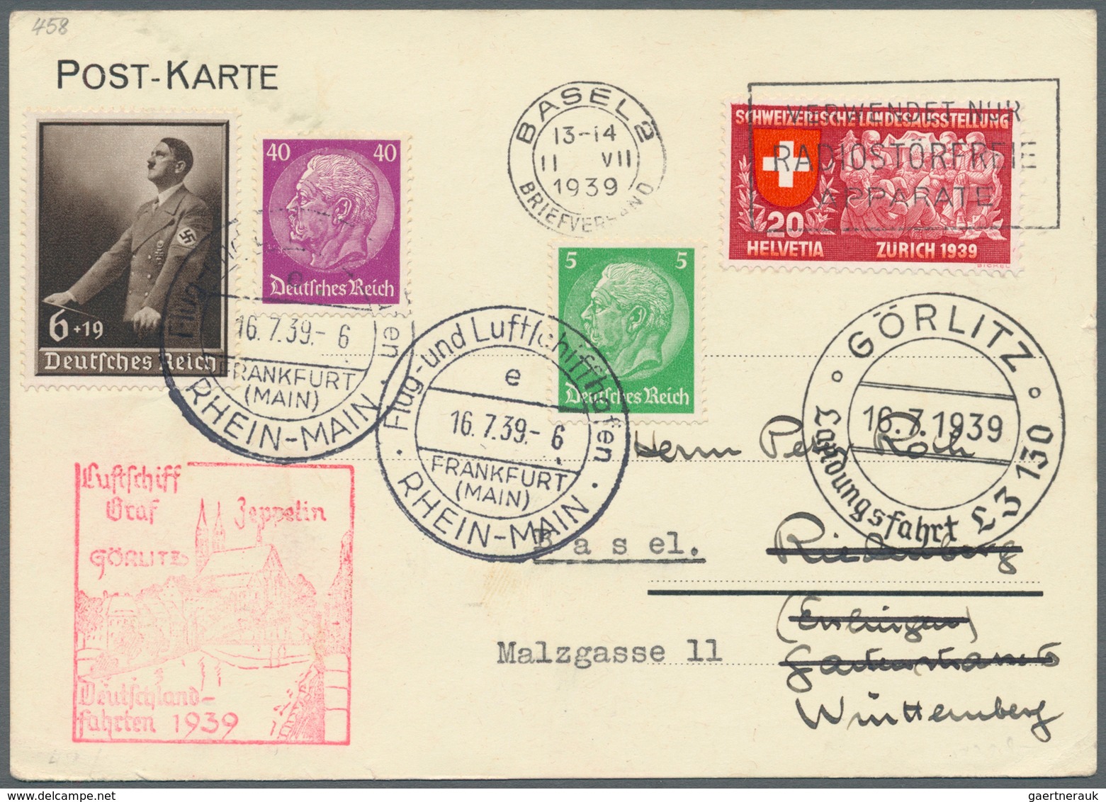 13067 Zeppelinpost Deutschland: 1939, SI. 458, SCHWEIZ/LZ 130 GÖRLITZ-FAHRT: Vertragsstaatenkarte Mit CH 2 - Luft- Und Zeppelinpost
