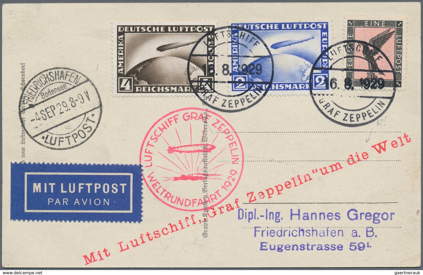 13069 Zeppelinpost Deutschland: 1929, Si. 30Bd, WELTRUNDFAHRT/ETAPPE FHFN-FHFN: Bordpost-Luxuskarte Mit 4 - Poste Aérienne & Zeppelin