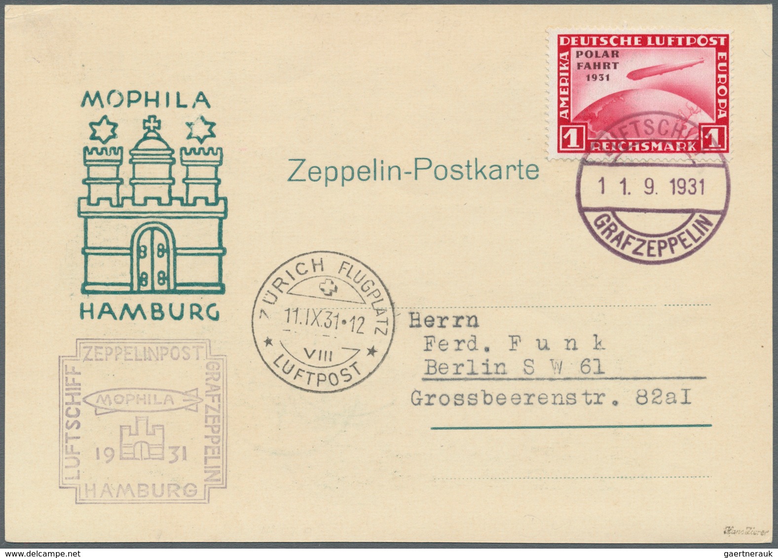 13074 Zeppelinpost Deutschland: 1931, Zürichfahrt, Frankiert Mit 1 RM Polarfahrt Mit Abart "fehlender Bind - Poste Aérienne & Zeppelin