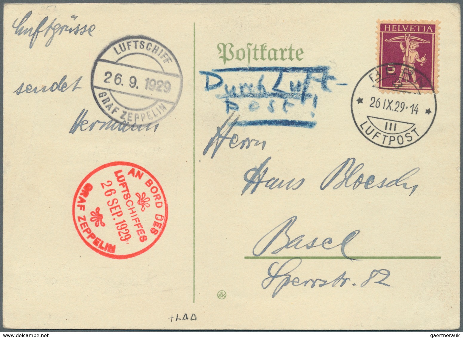 13086 Zeppelinpost Europa: 1929, SCHWEIZ/SCHWEIZFAHRT (1.)/Abwurf BERN: Bordpostkarte Mit Stempel "BERN/LU - Sonstige - Europa