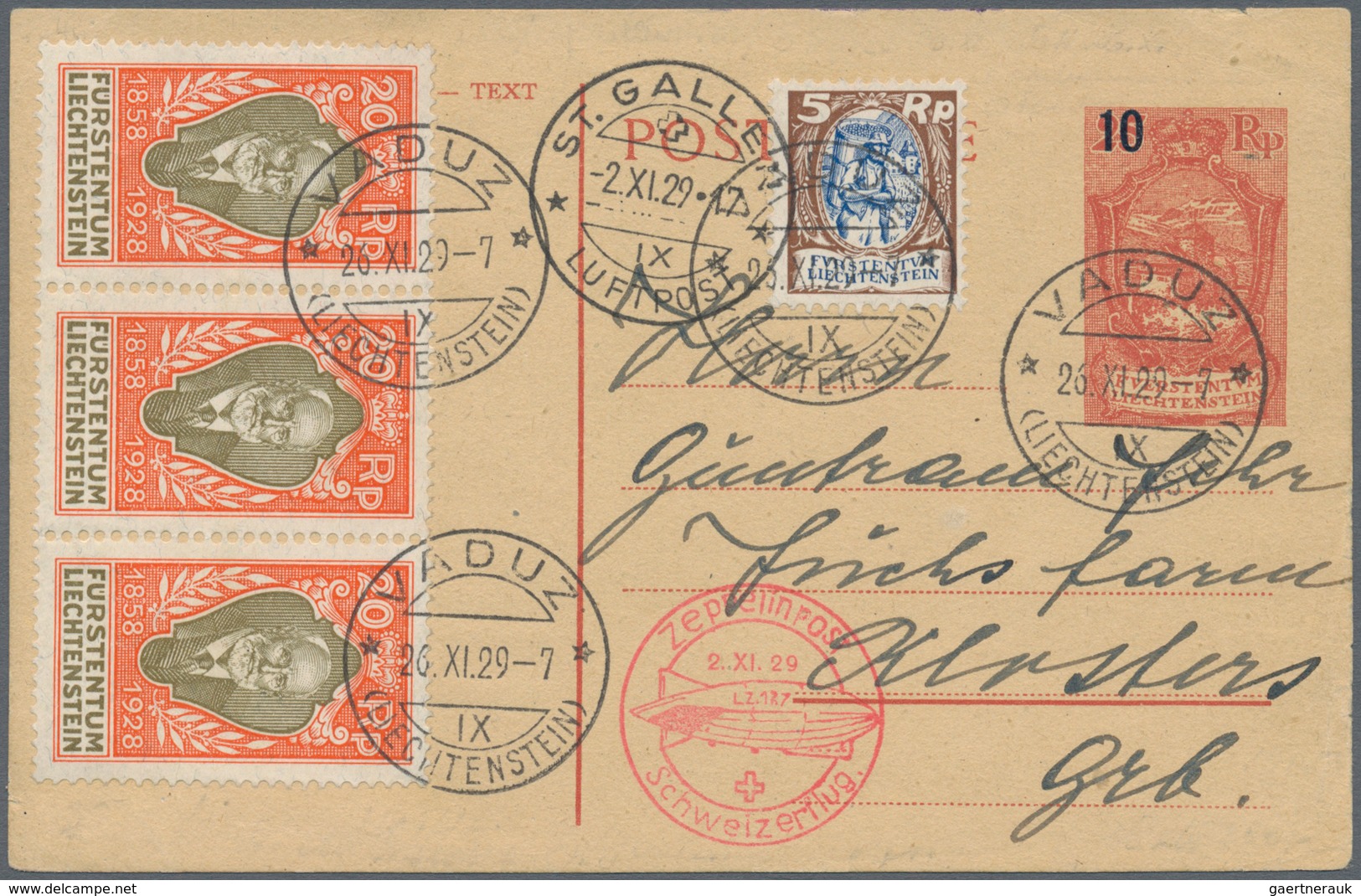 13088 Zeppelinpost Europa: 1929: LIECHTENSTEN Auflieferung (10 Rp GSK + 4 Flugmarken Ungestempelt Gebliebe - Sonstige - Europa