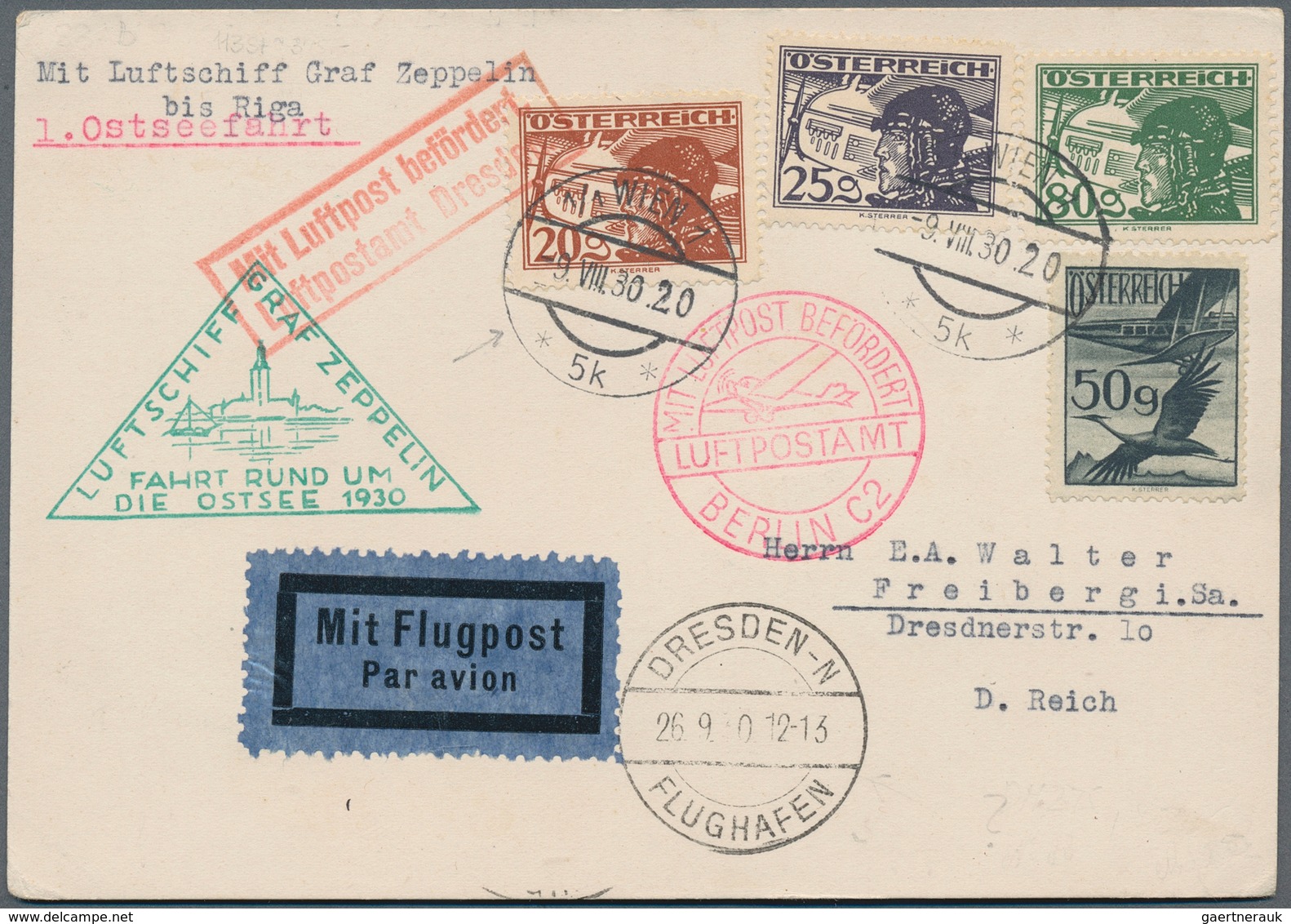 13108 Zeppelinpost Europa: 1930: ÖSTERREICH/Ostseefahrt: Interessante Abwurfkarte RIGA Mit 4-Farbenflugmar - Sonstige - Europa