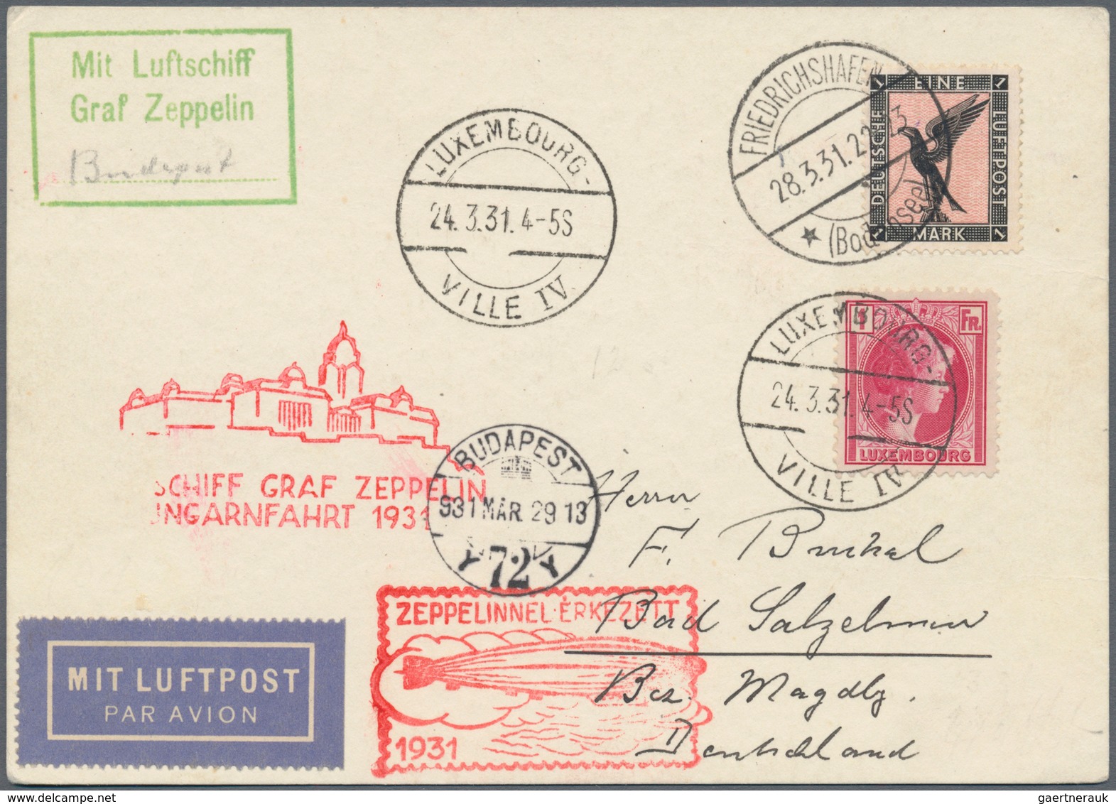13110 Zeppelinpost Europa: 1931: LUXEMBURG/Ungarnfahrt: Sehr Schöne Vertragsstaatenkarte Mit Lux (Mi 224)/ - Autres - Europe
